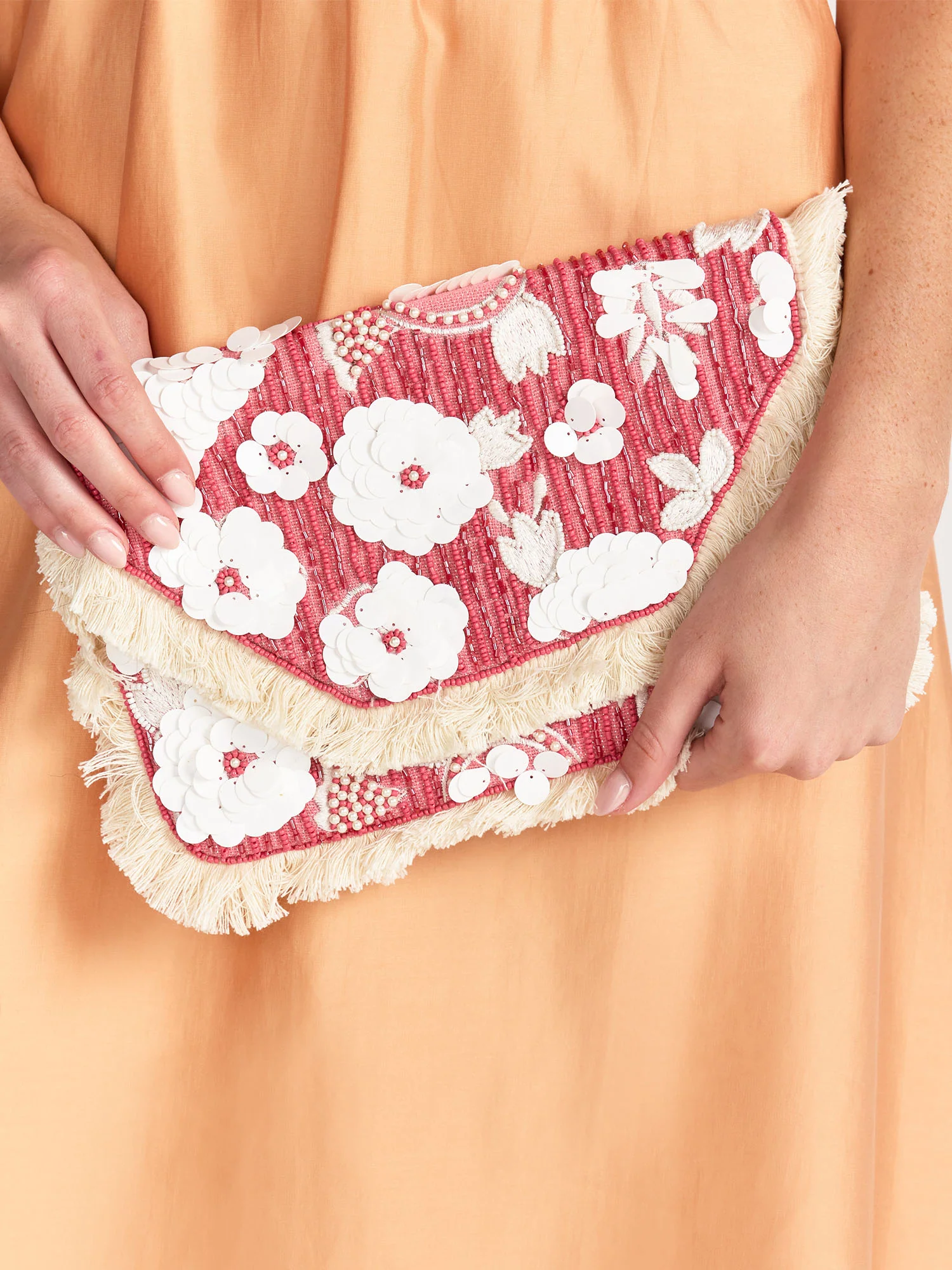Floral Bead Sequin Fringe Trim Clutch