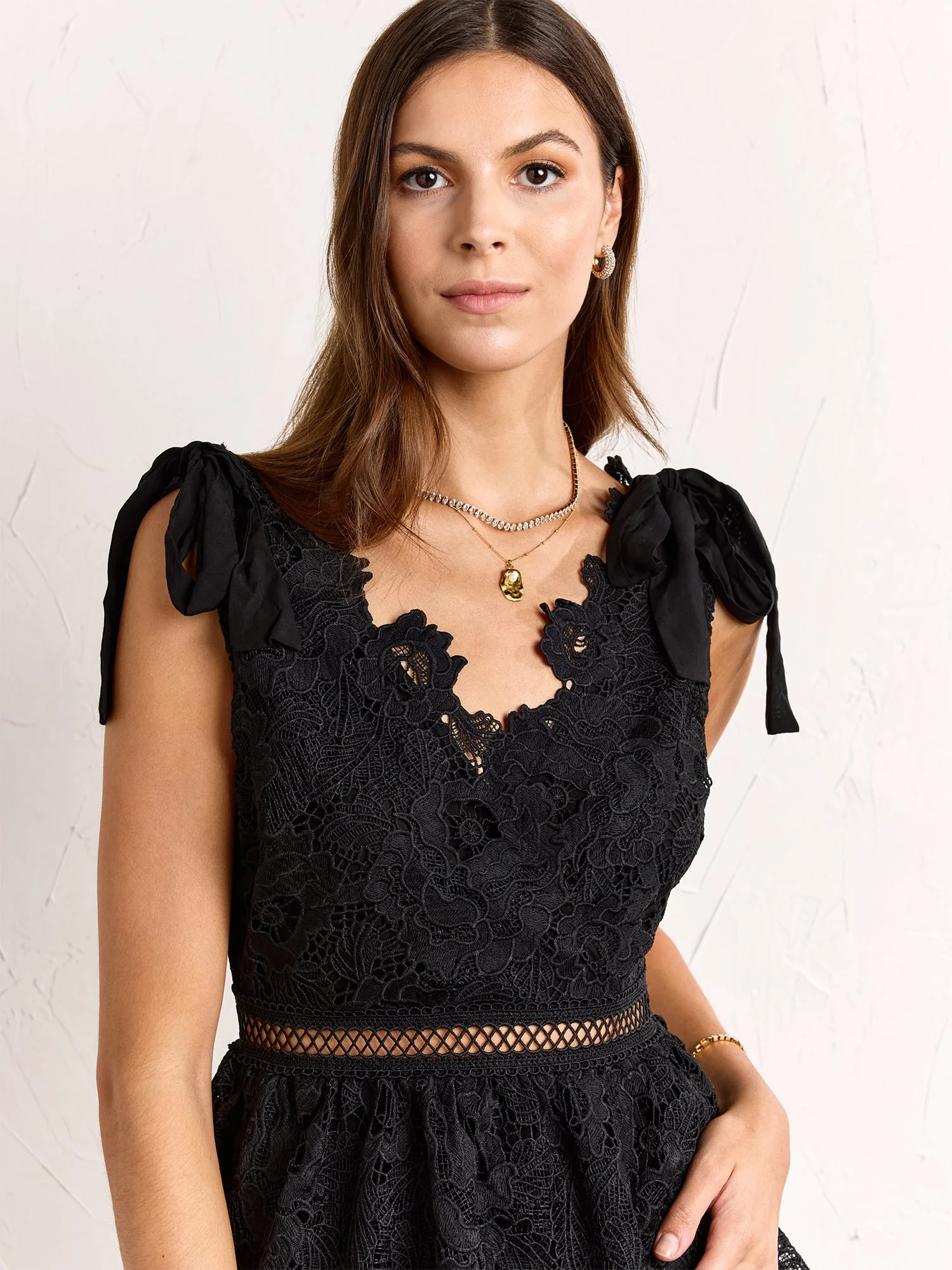 Floral-Crochet Tiered Tie-Shoulder Dress - Just Me - Image 3