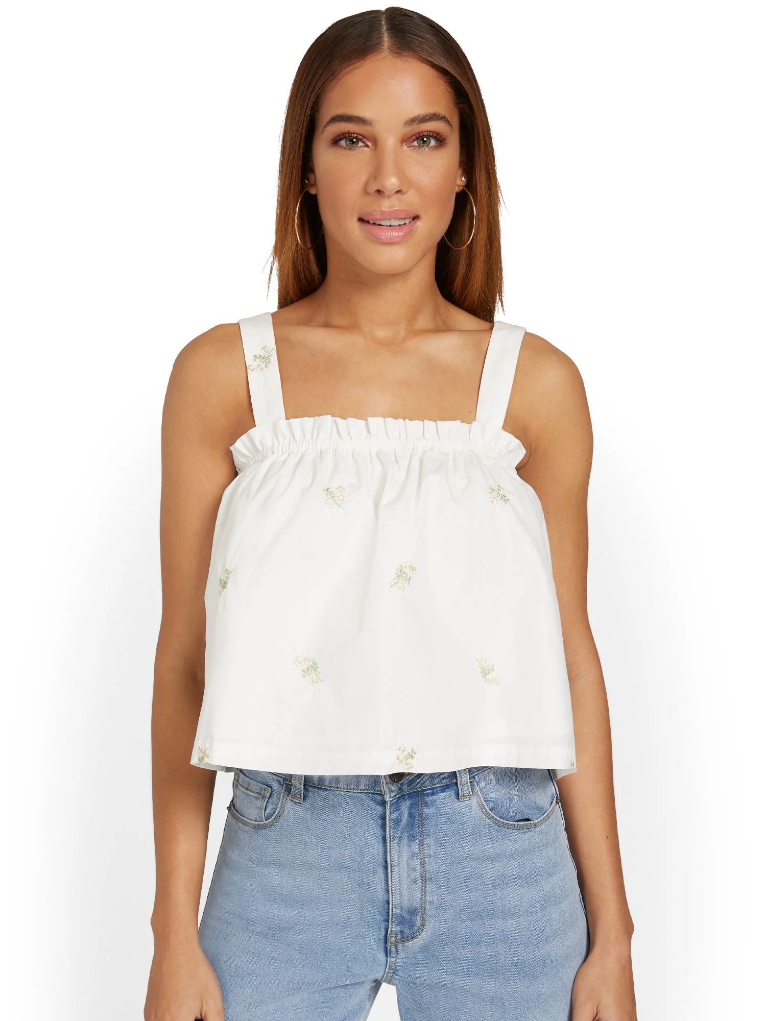 Moodie Floral-Embroidered Sleeveless Poplin Cropped Top - Brands We Love