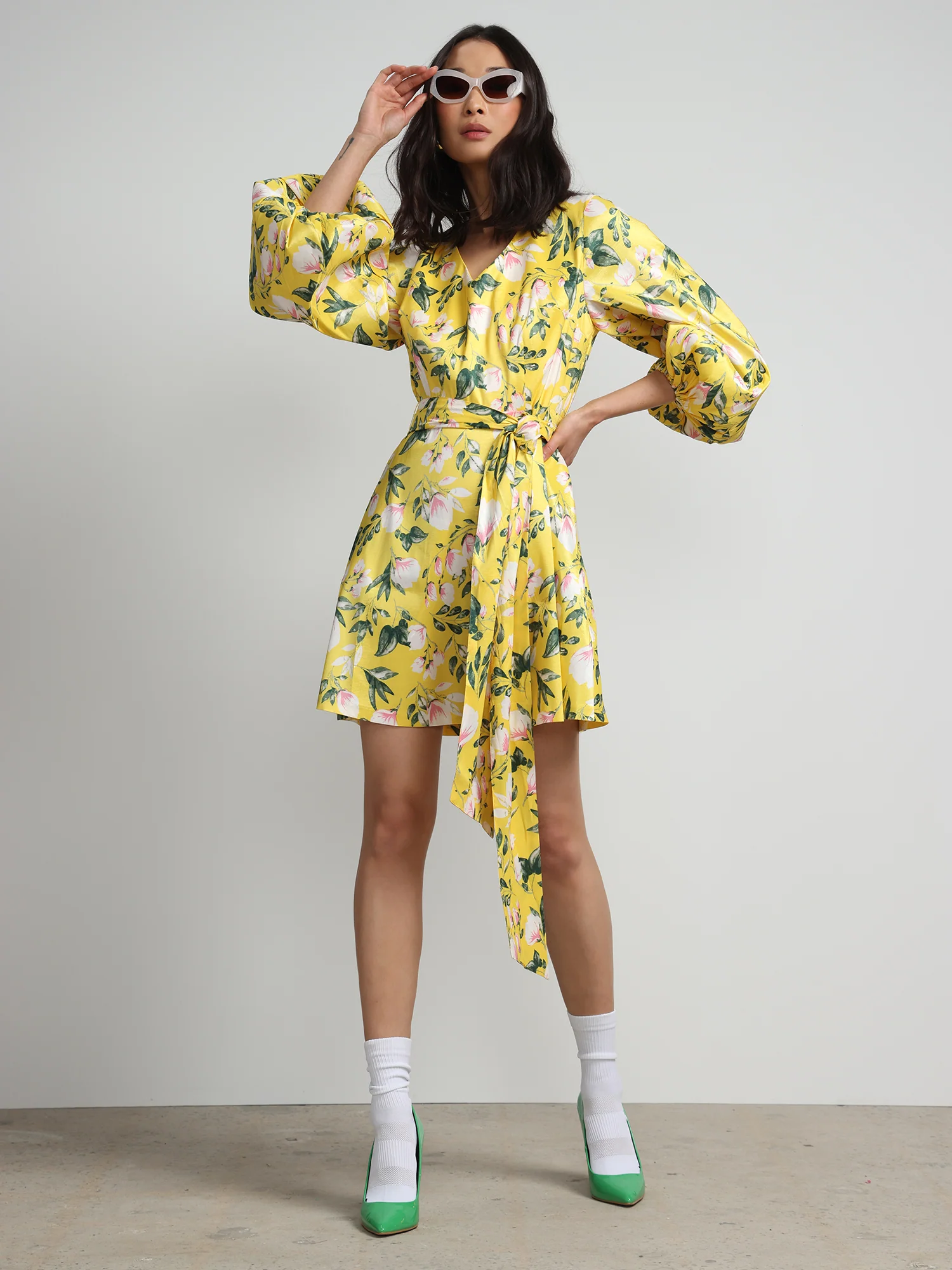 Floral-Print Balloon-Sleeve Belted Dress