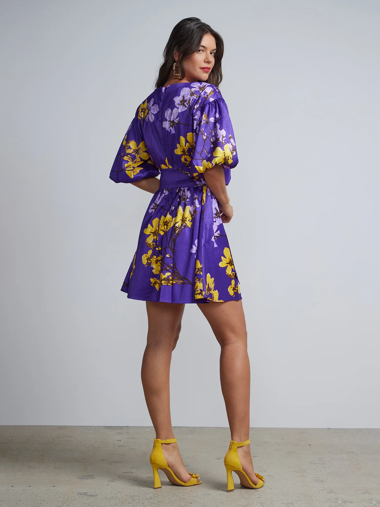 Floral-Print Belted Puff-Sleeve Flare Dress - Image 3