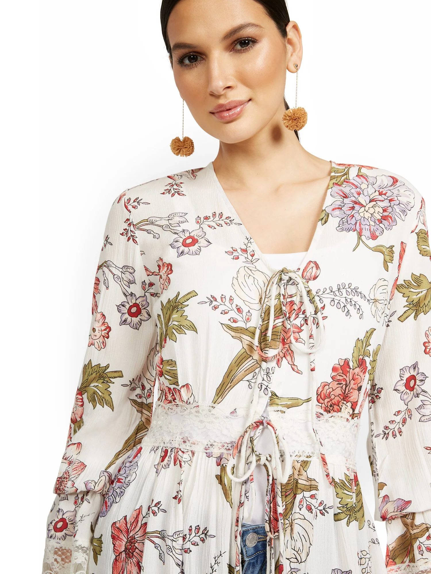 Floral-Print Sheer Lace-Up Kimono Top - Image 4