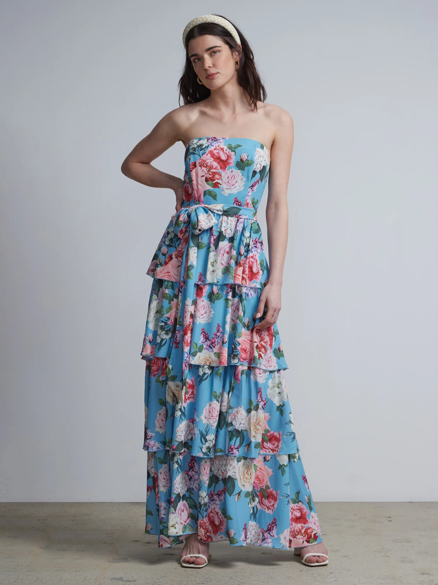 Floral-Print Strapless Tiered Maxi Dress