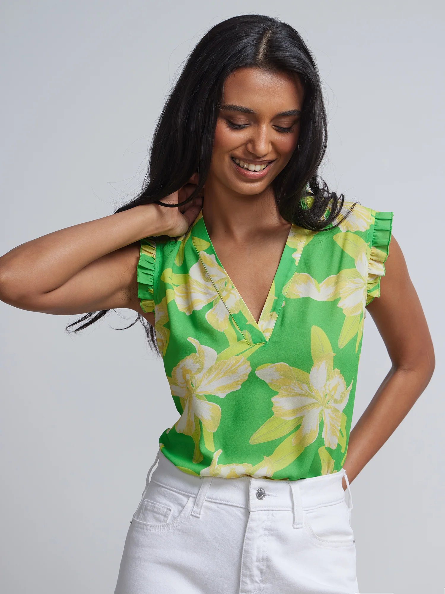 Floral-Print V-Neck Flutter-Sleeve Top