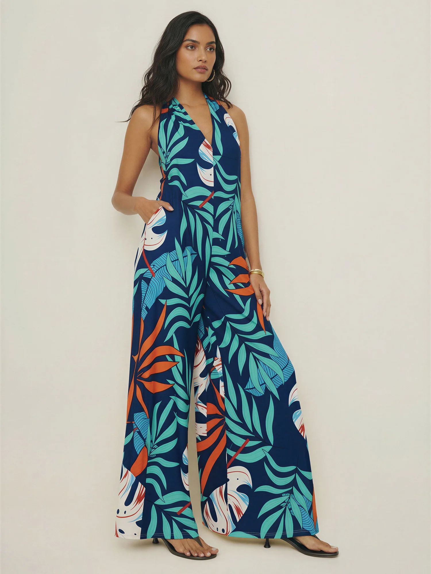 Floral Printed Halter Knit Jumpsuit