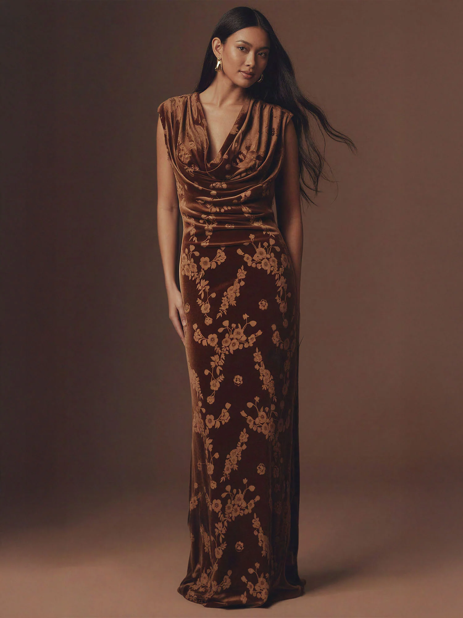 Floral Velvet Maxi With Cowl Neck