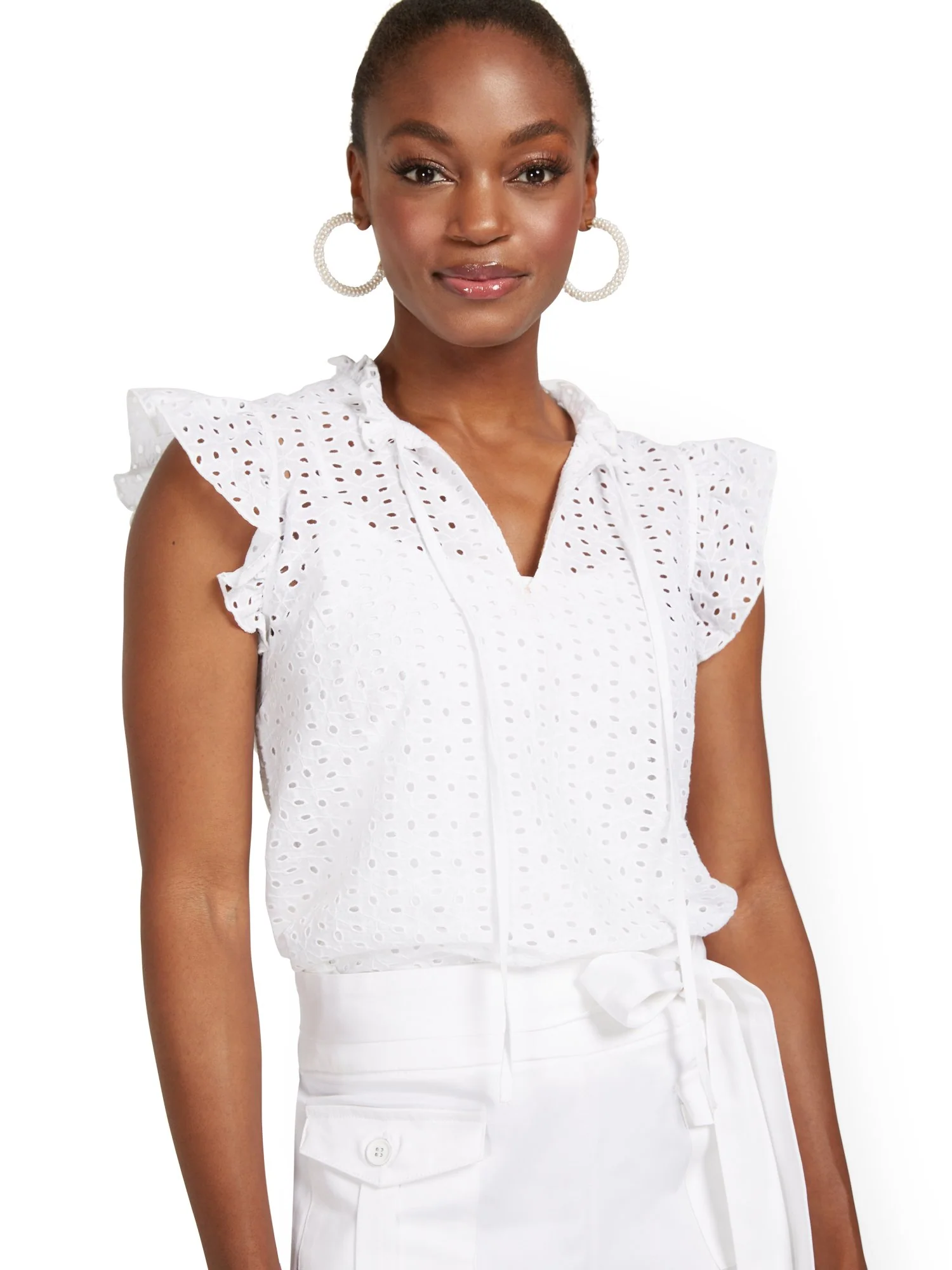 Flutter-Sleeve Eyelet Split-Neck Top - Image 2