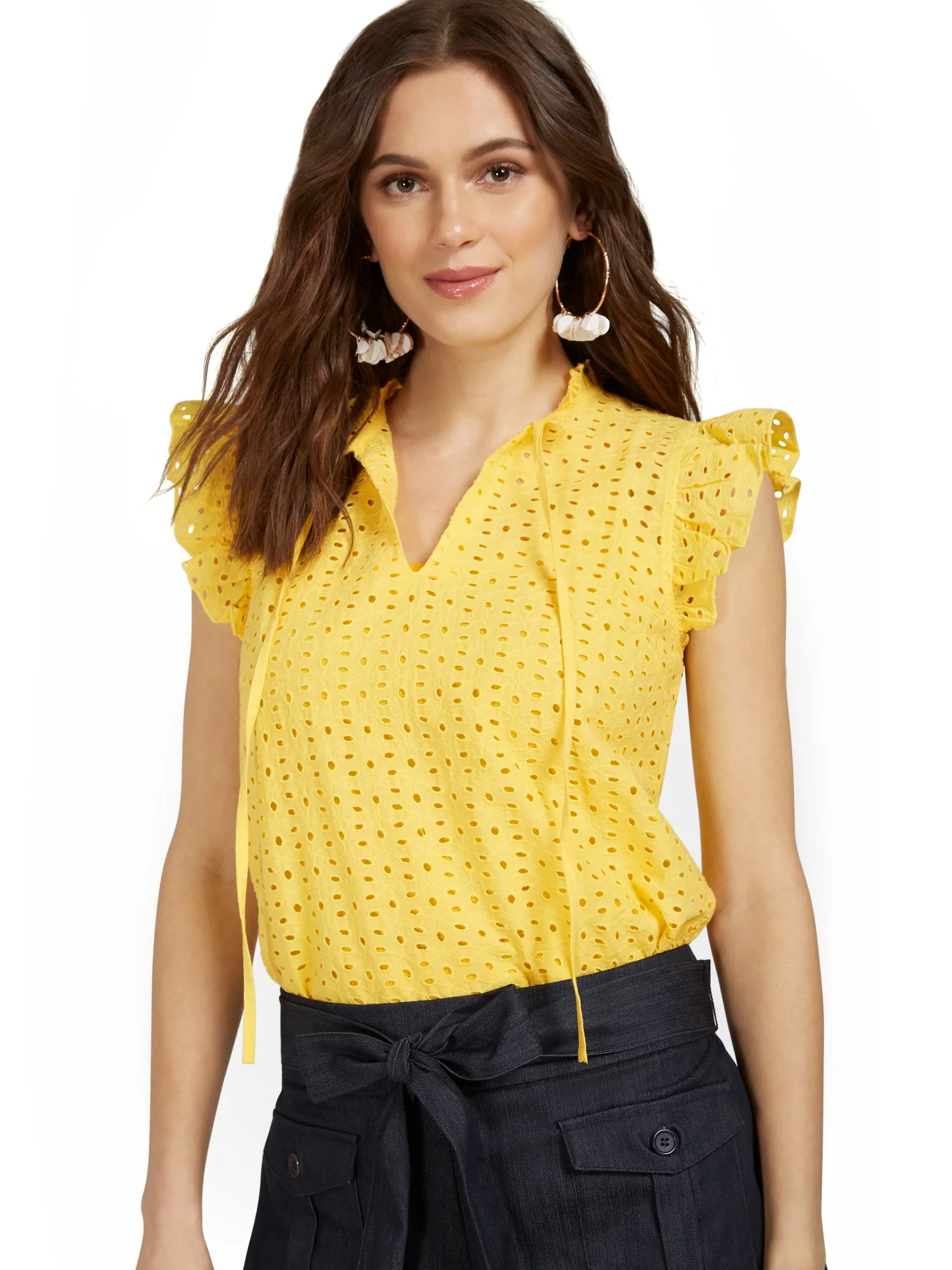 Flutter-Sleeve Eyelet Split-Neck Top - Image 6