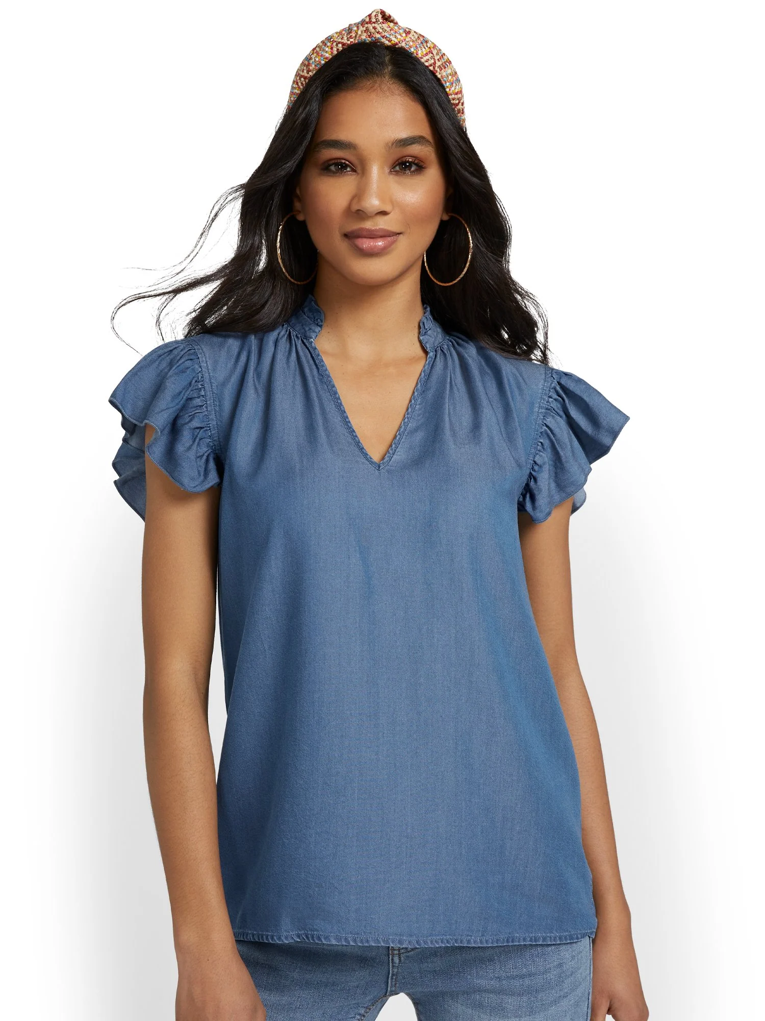 Flutter-Sleeve V-Neck Top - Blue Angel Wash - Image 2