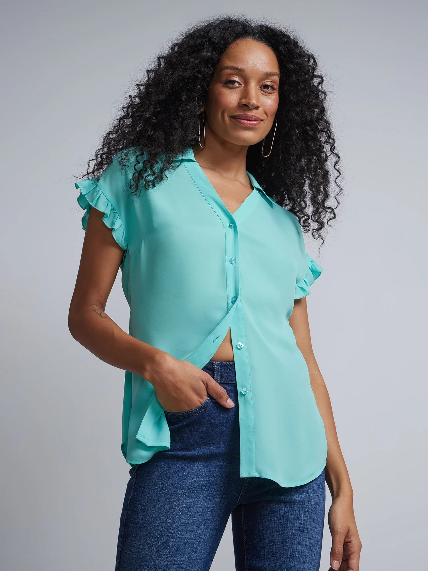 Flutter-Trim Button-Front Blouse - Image 6