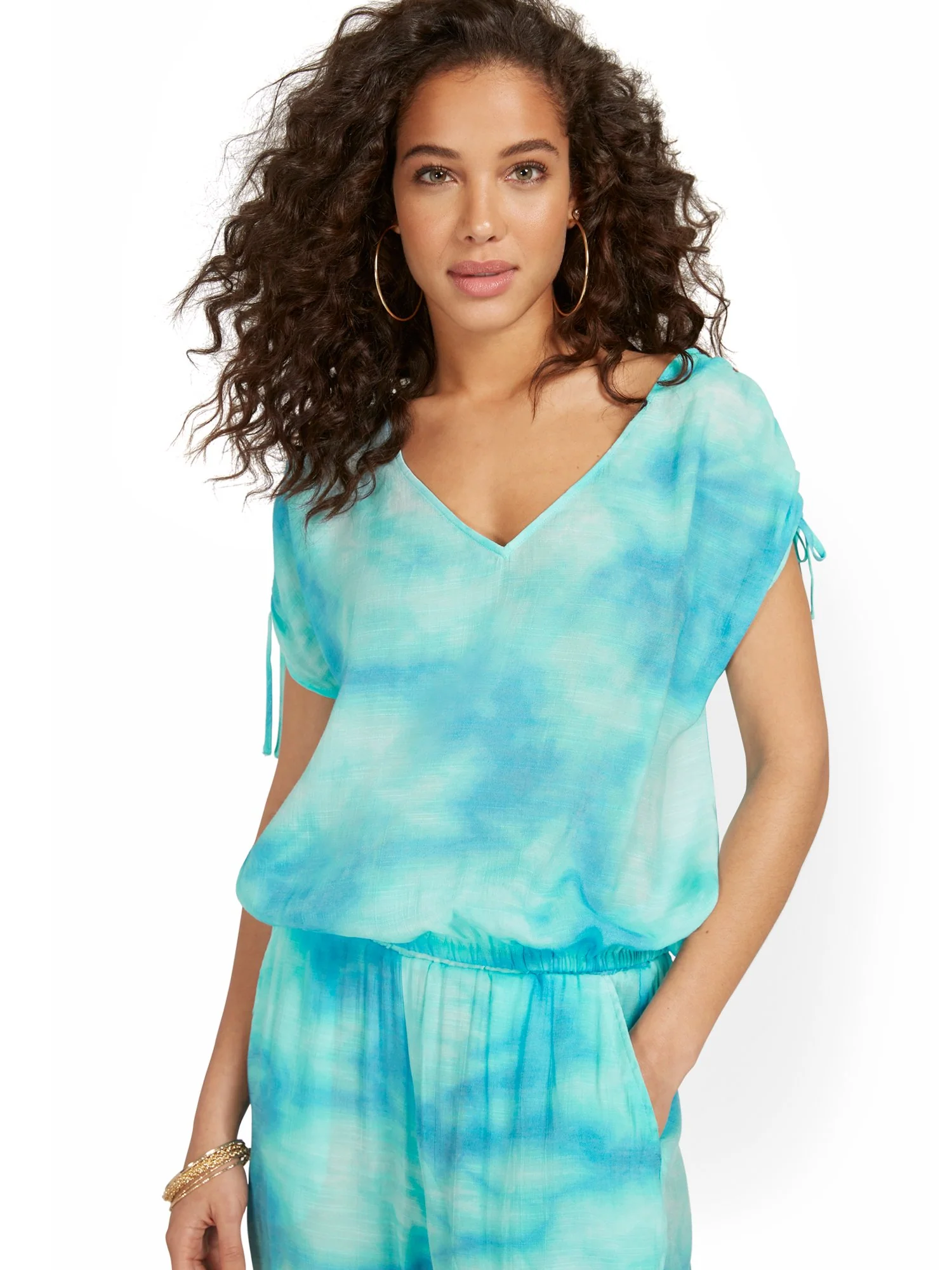 Gauze Tie-Sleeve Tie-Dye V-Neck Top