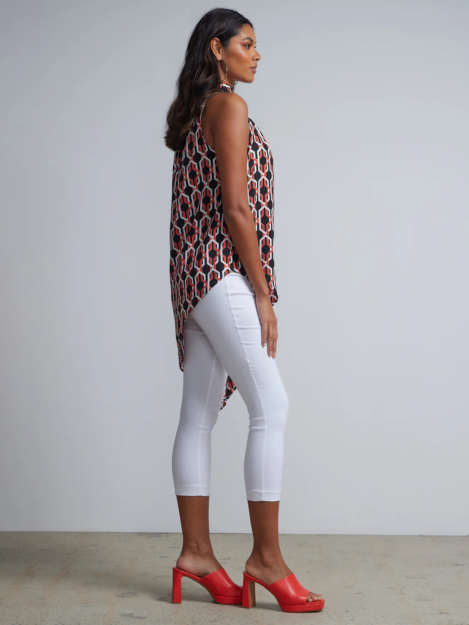 Geometric Link-Print Halterneck Asymmetric Maxi Blouse - Image 2