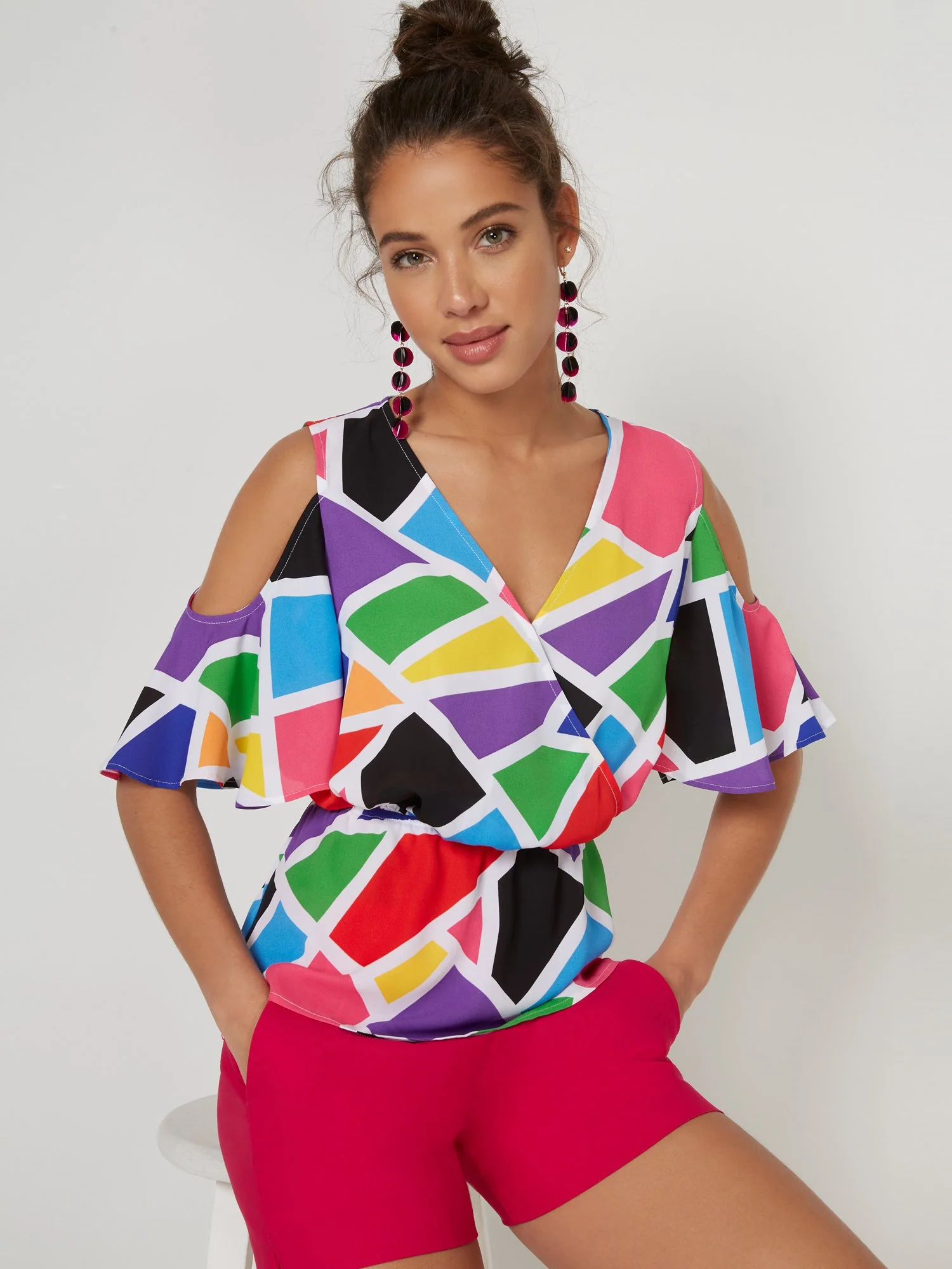 Geometric-Print Cold-Shoulder Top - Image 2