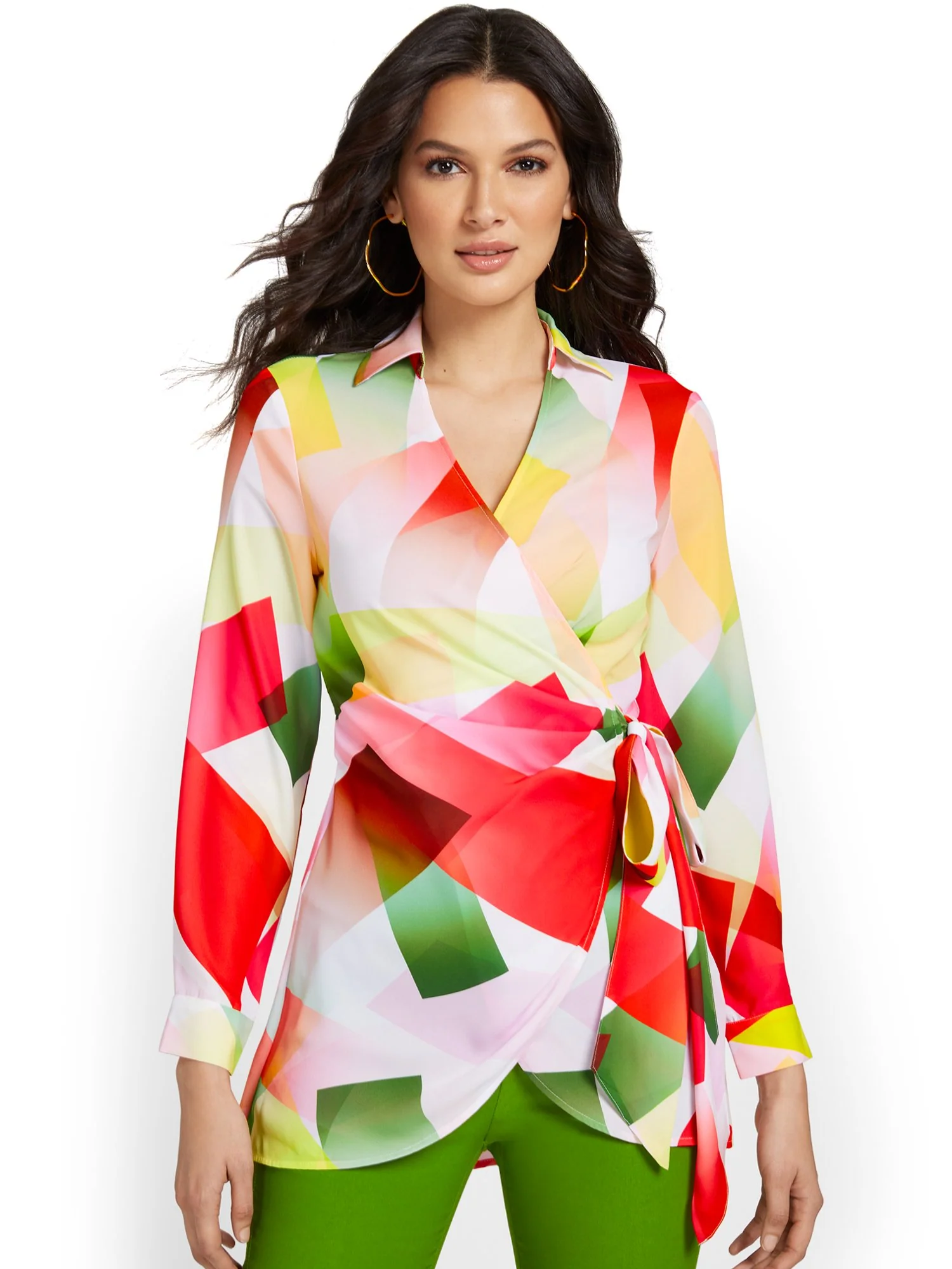 Geometric-Print Collared Tie-Waist Blouse - Image 2