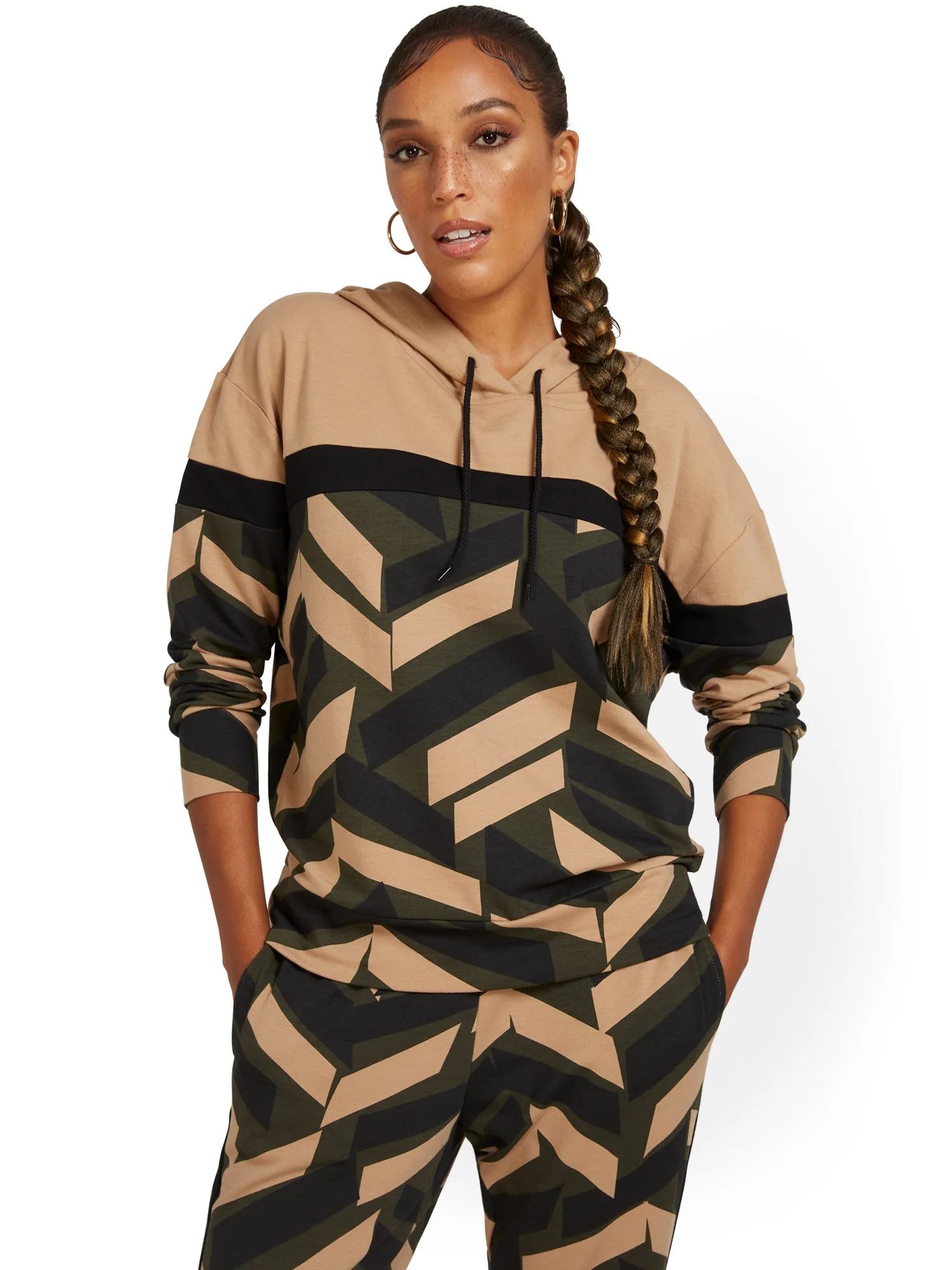 Geometric-Print French Terry Pullover Hoodie - Image 2