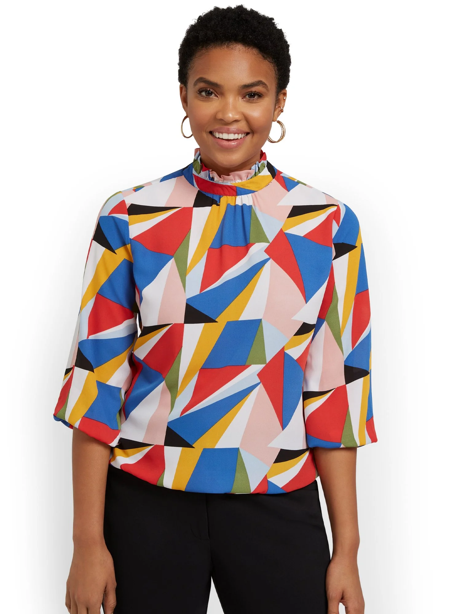 Geometric-Print Mock-Neck Blouse - Image 2