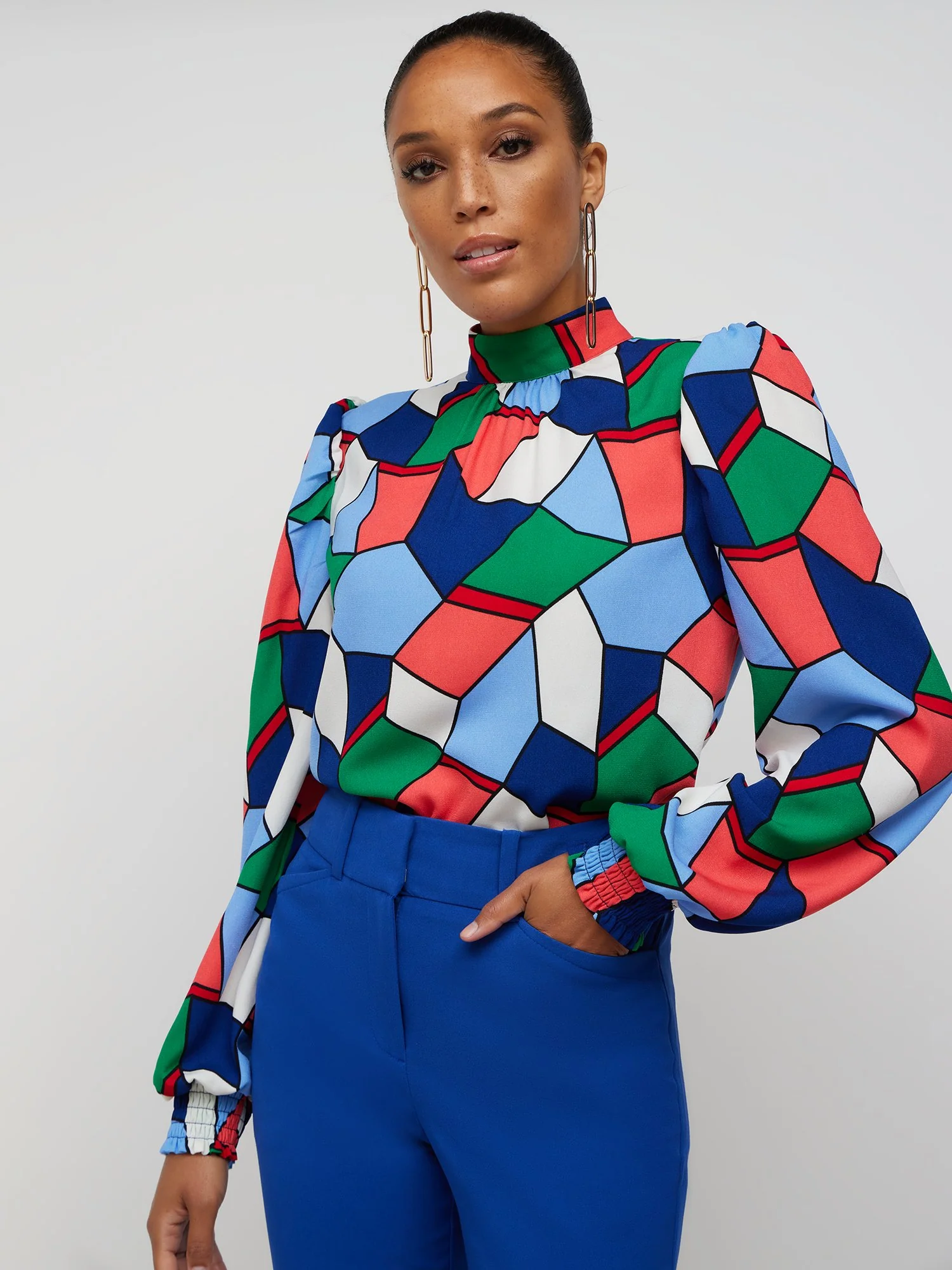 Geometric-Print Smock-Cuff Mock-Neck Blouse