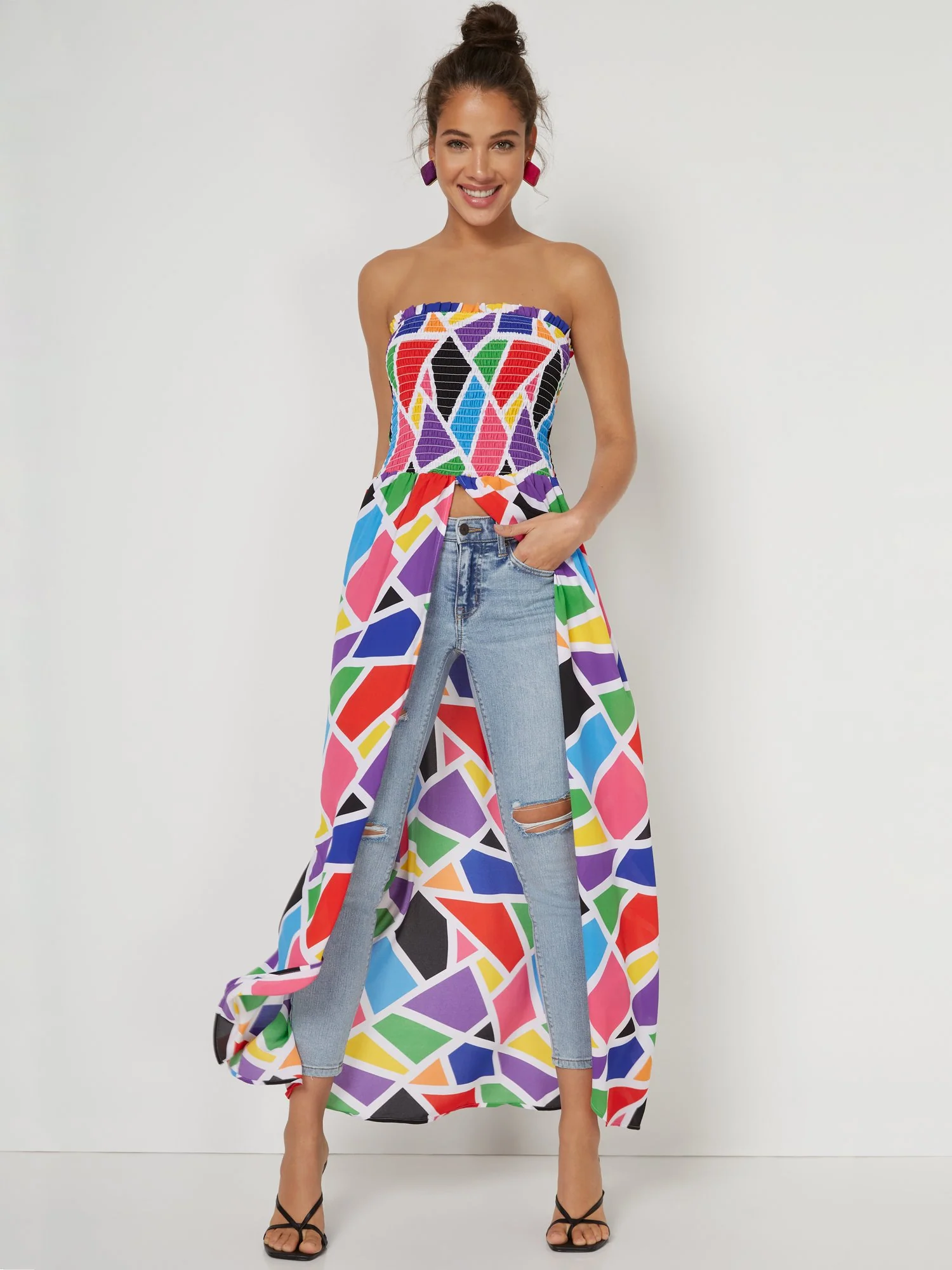 Geometric-Print Strapless Maxi Top