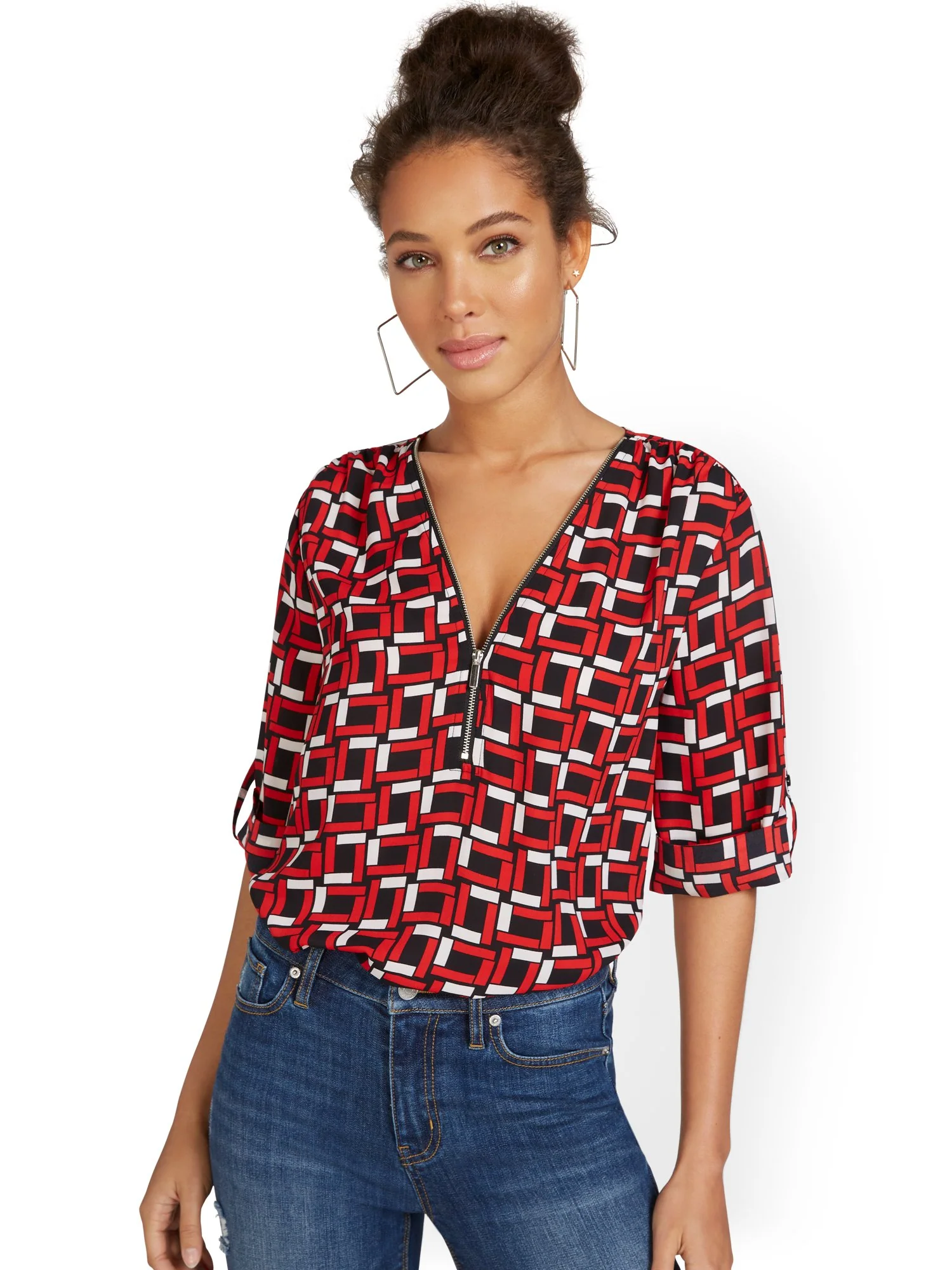Geometric-Print Zip-Front Elbow Blouse - Image 2