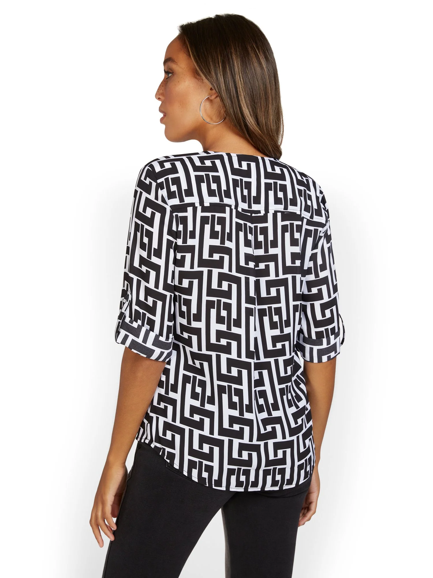Geometric-Print Zip-Front Elbow Blouse - Image 3