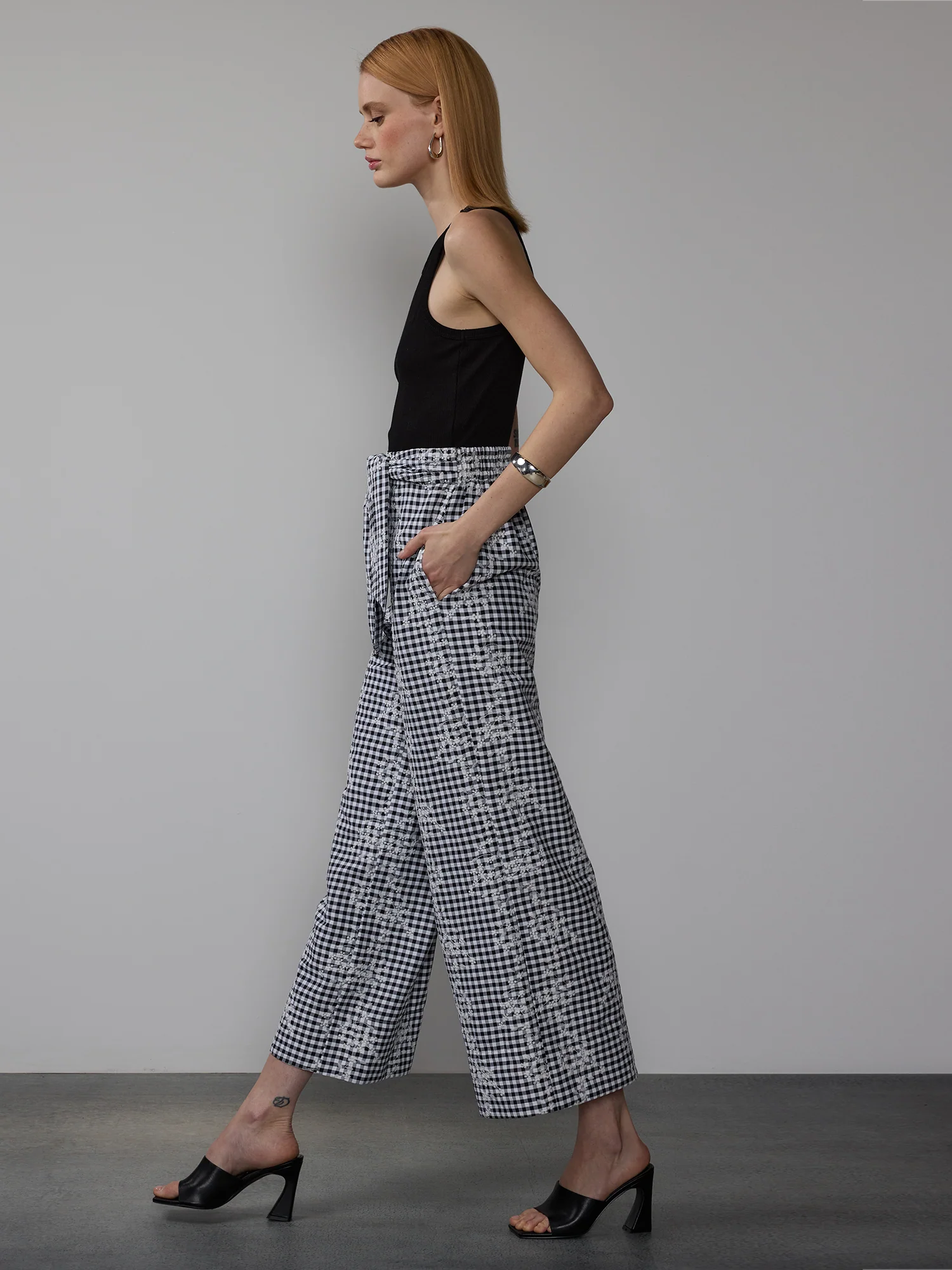 Embroidered Gingham Wide Leg Pants - Image 7