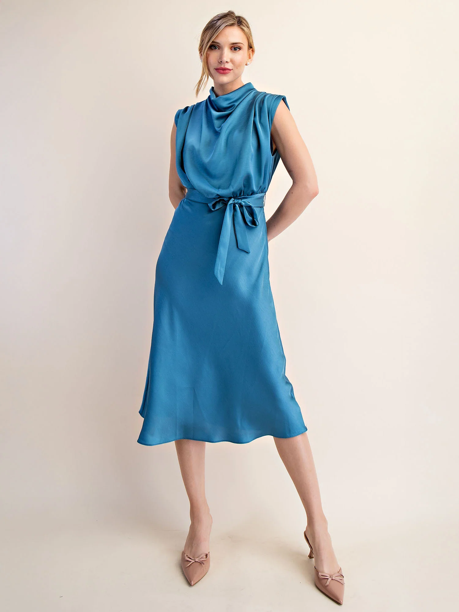 Cowl Neck Satin Midi Shift Dress - Image 12