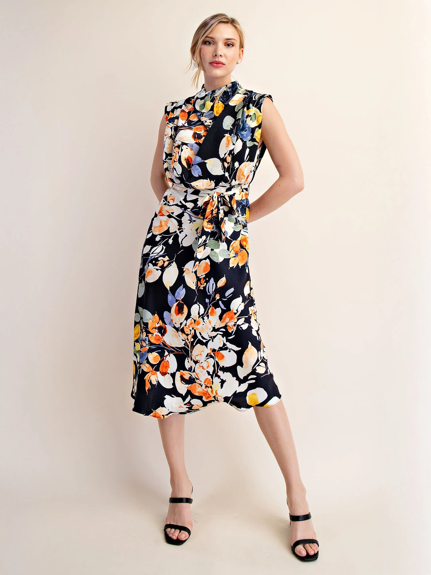 Floral Cowl Neck Satin Midi Shift Dress - Image 4