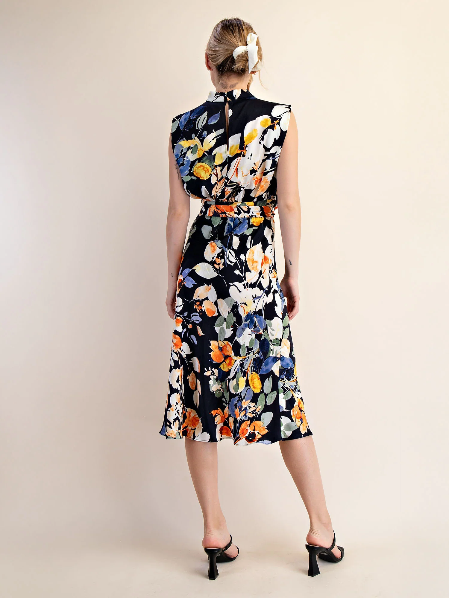 Floral Cowl Neck Satin Midi Shift Dress - Image 5