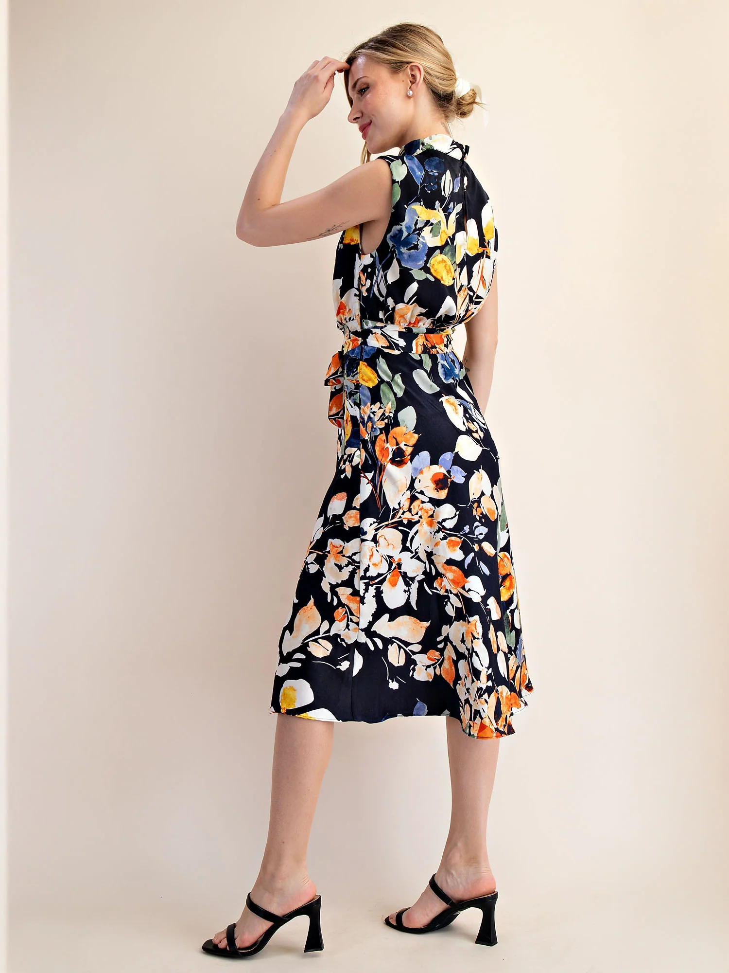 Floral Cowl Neck Satin Midi Shift Dress - Image 7