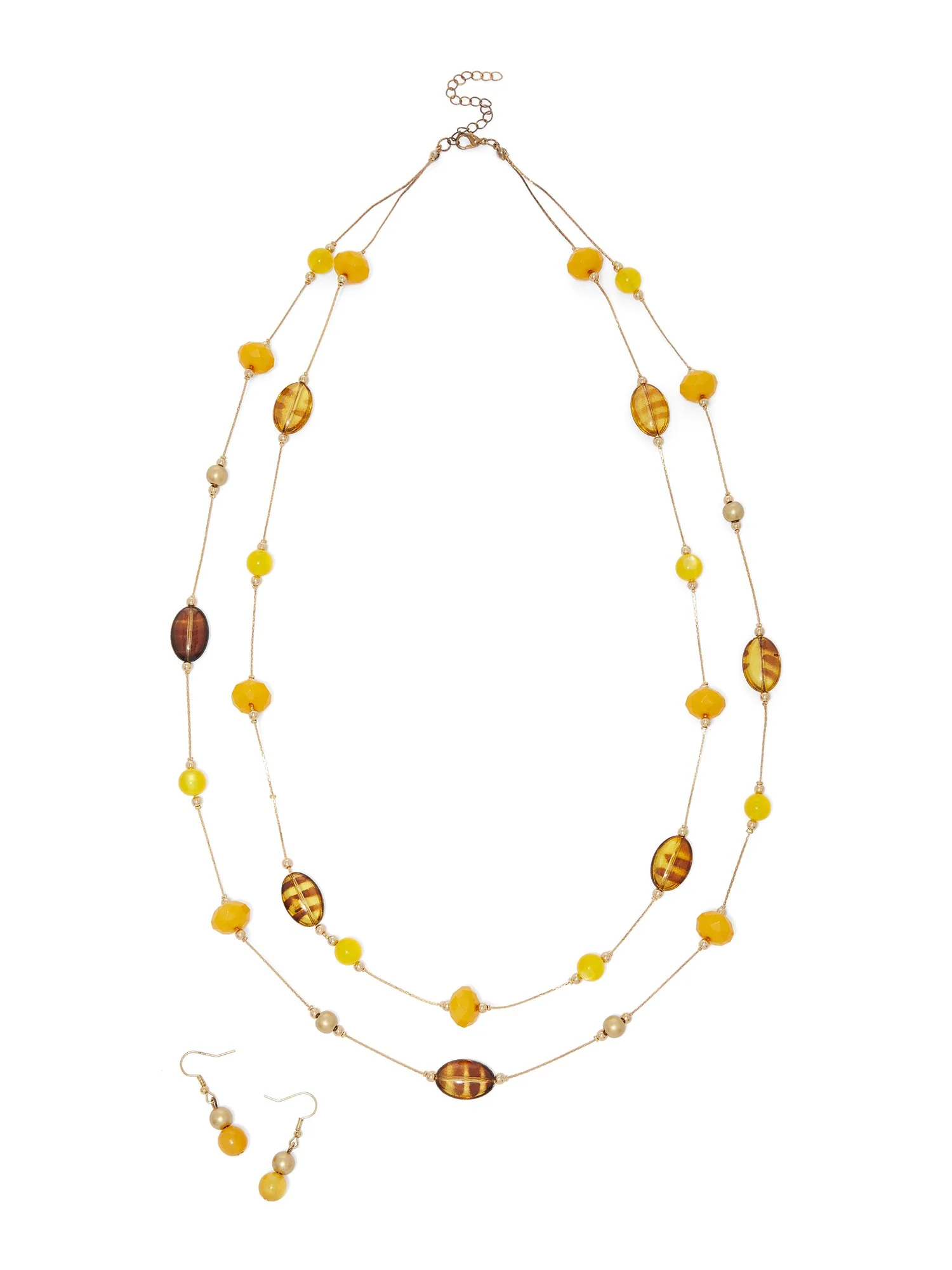 Gold-Tone Layered Beaded Necklace and Earrings Set
