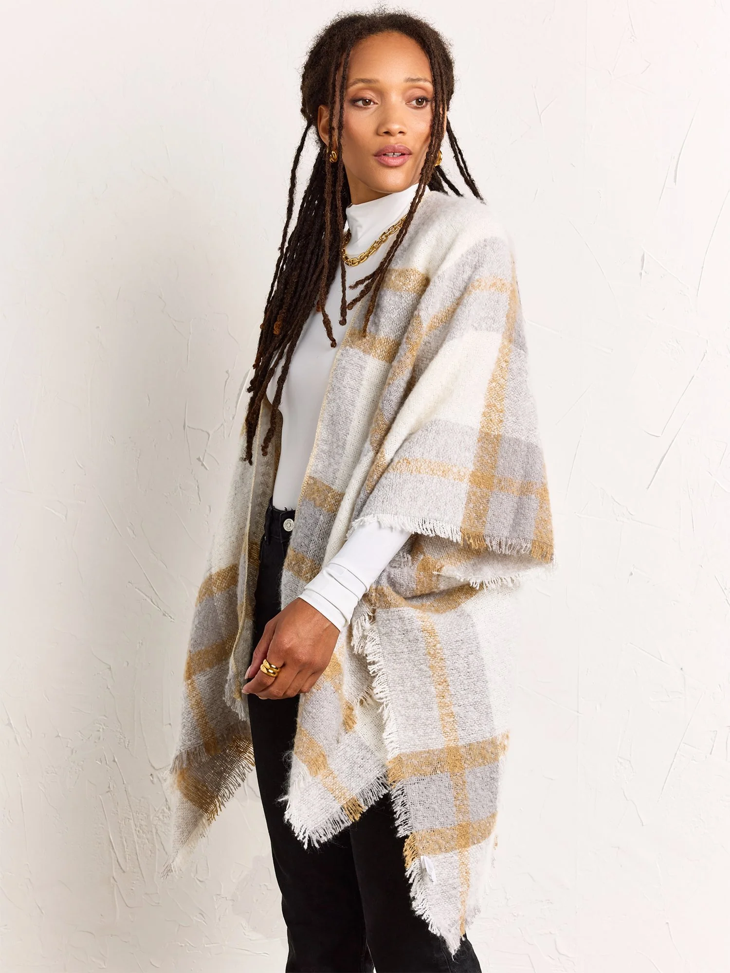 Gray & Ivory Plaid Fringe Wrap - Justin Taylor