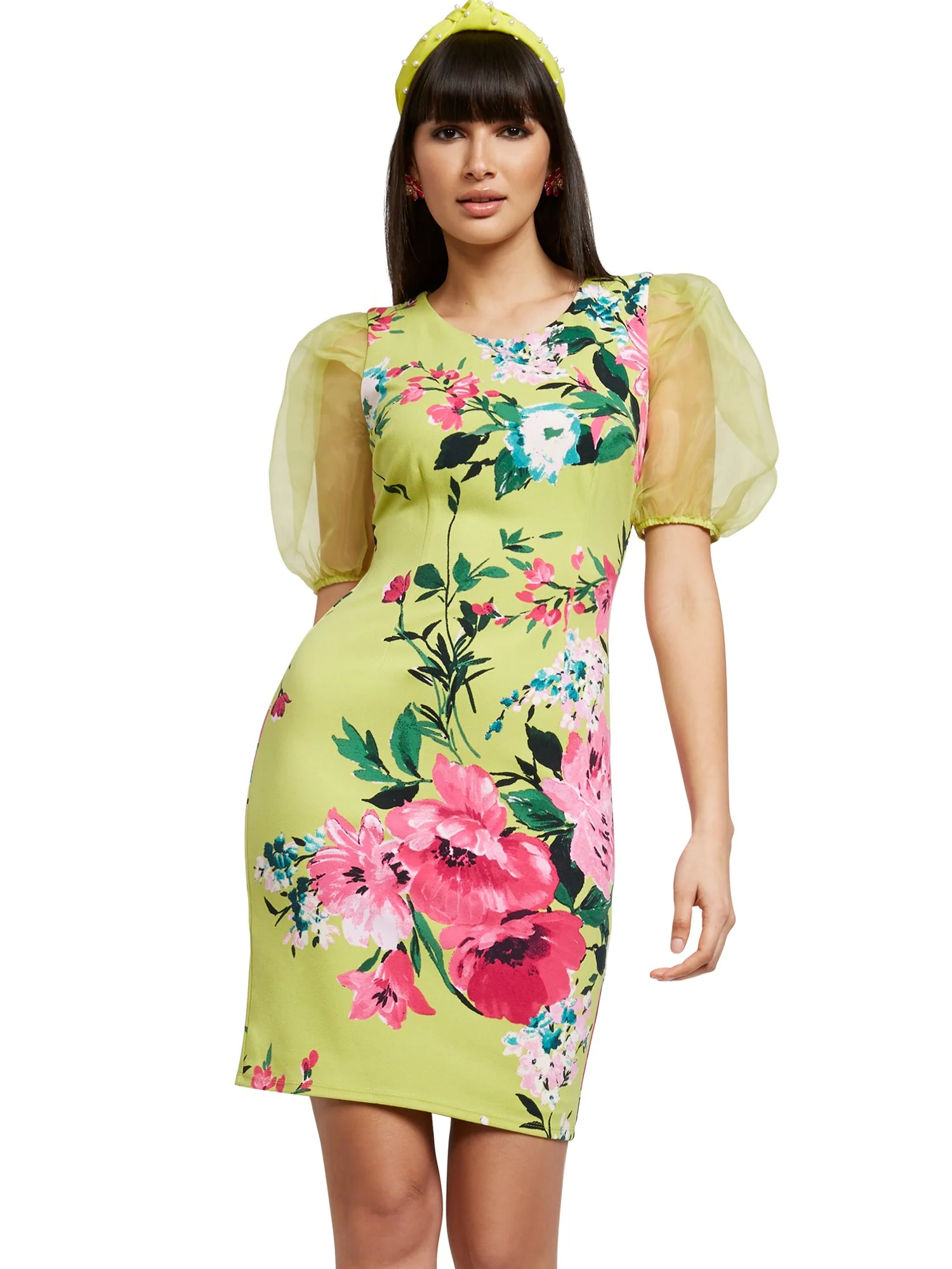 Green Organza-Sleeve Sheath Dress - Magic Crepe® - Image 2