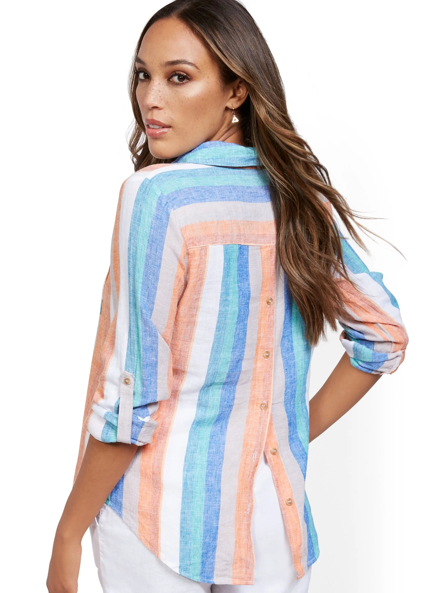 Green Stripe Button-Back Linen Shirt