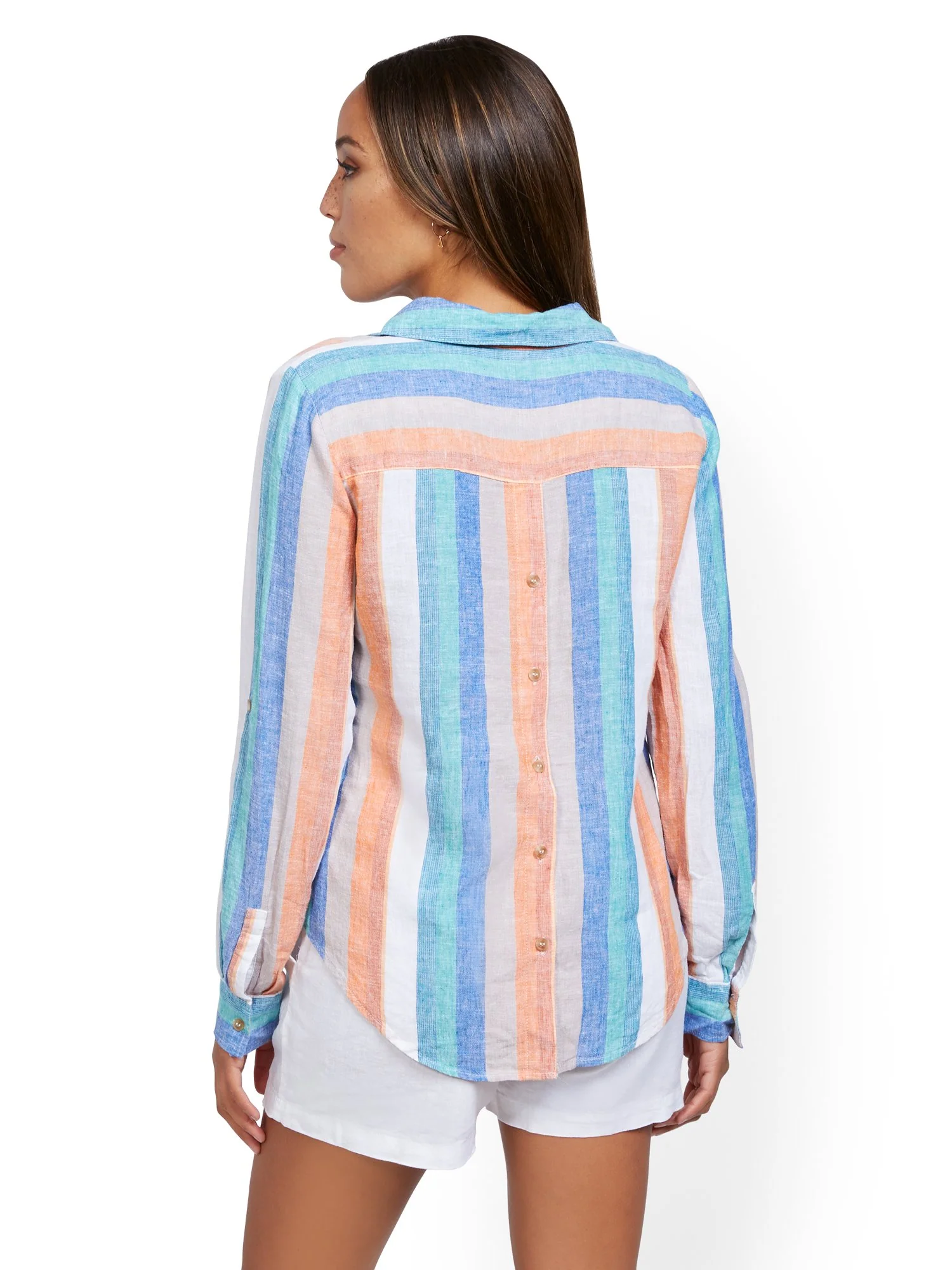 Green Stripe Button-Back Linen Shirt - Image 3