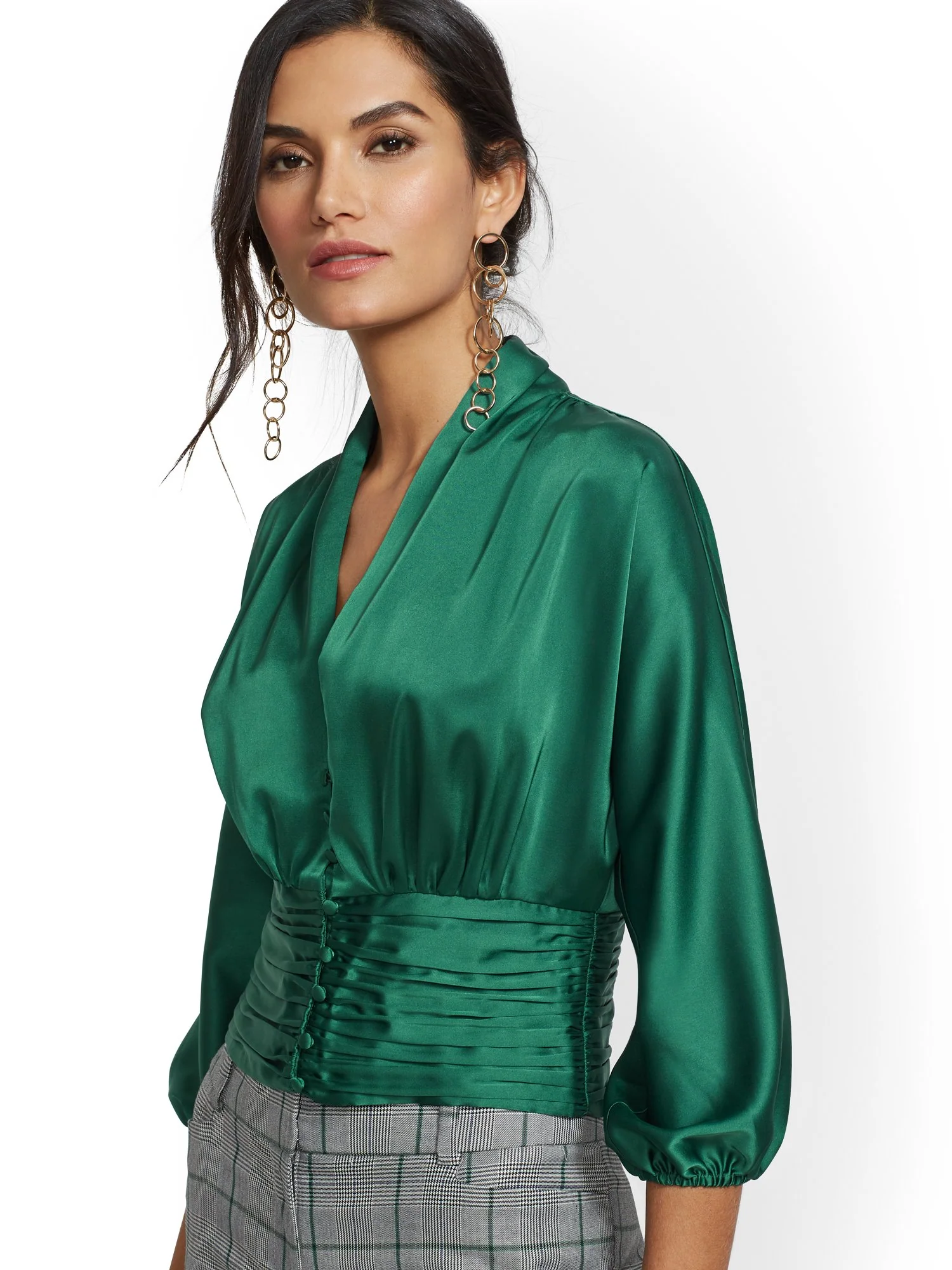 Green V-Neck Shirred Blouse - 7th Avenue