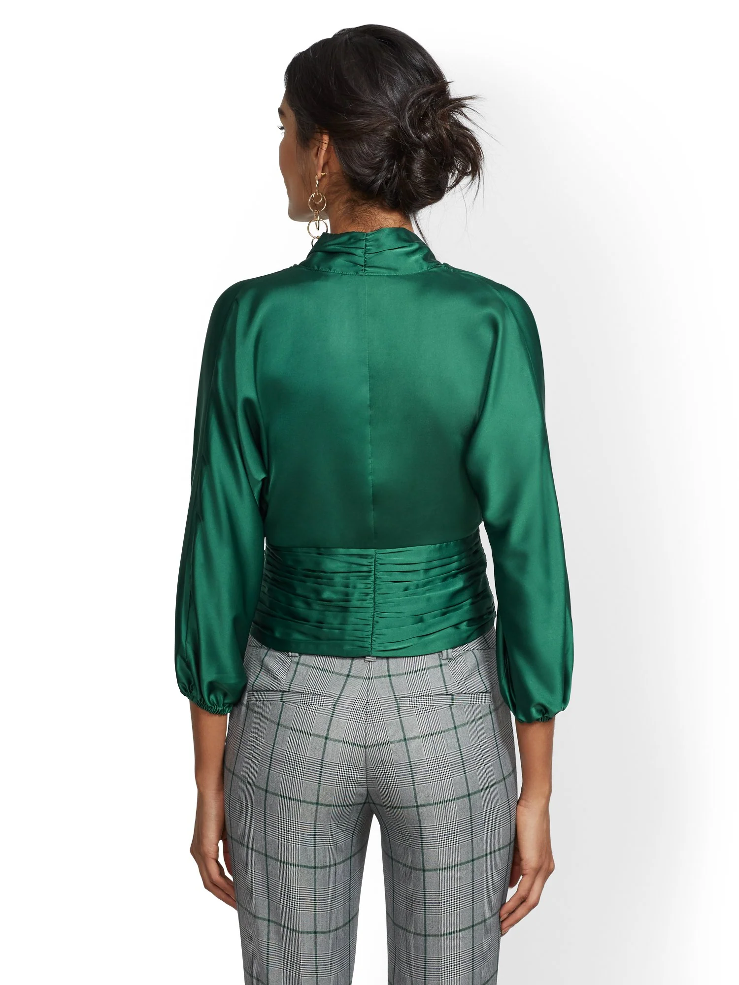 Green V-Neck Shirred Blouse - 7th Avenue - Image 3