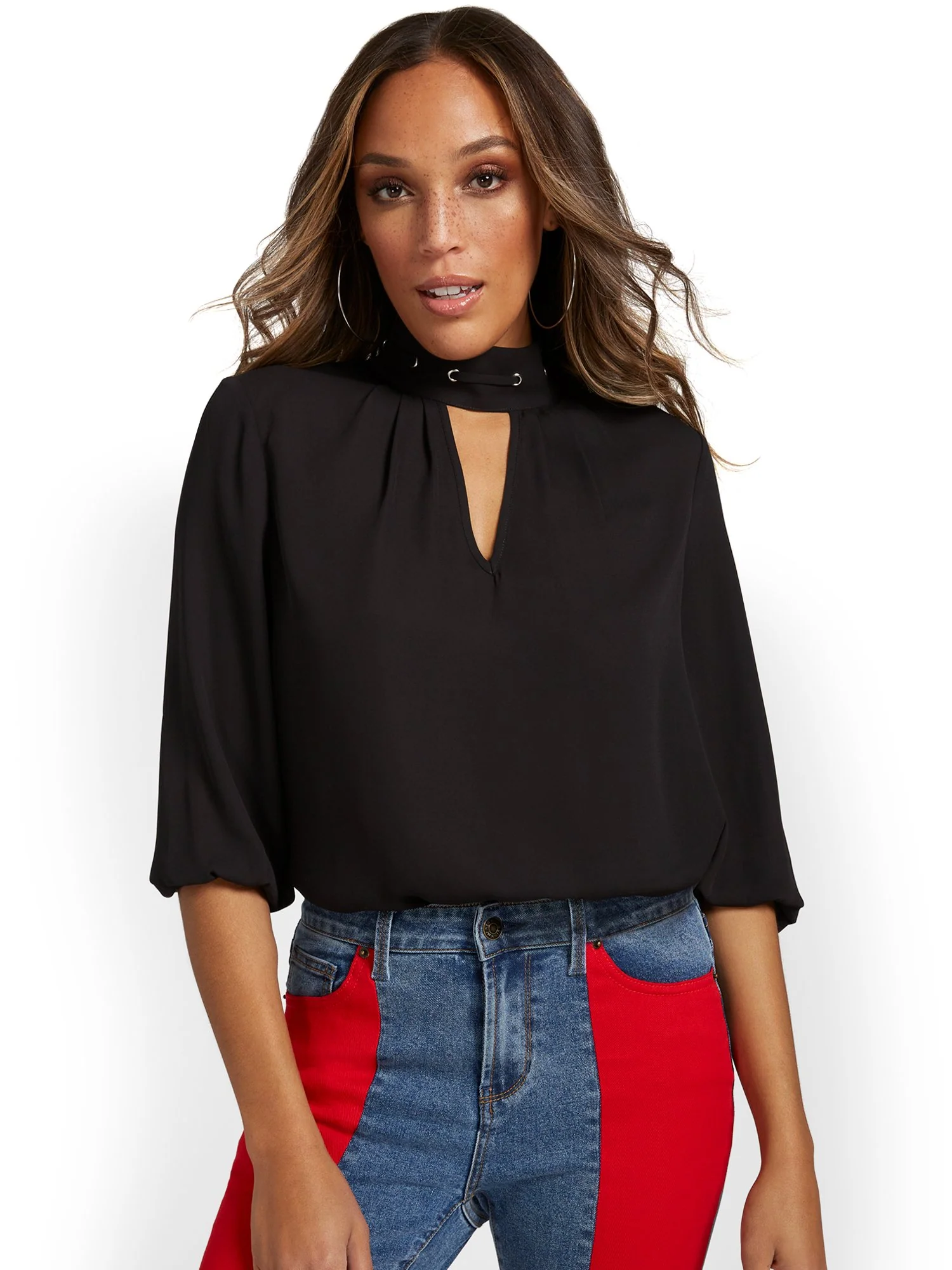 Grommet-Detail Mock-Neck Top