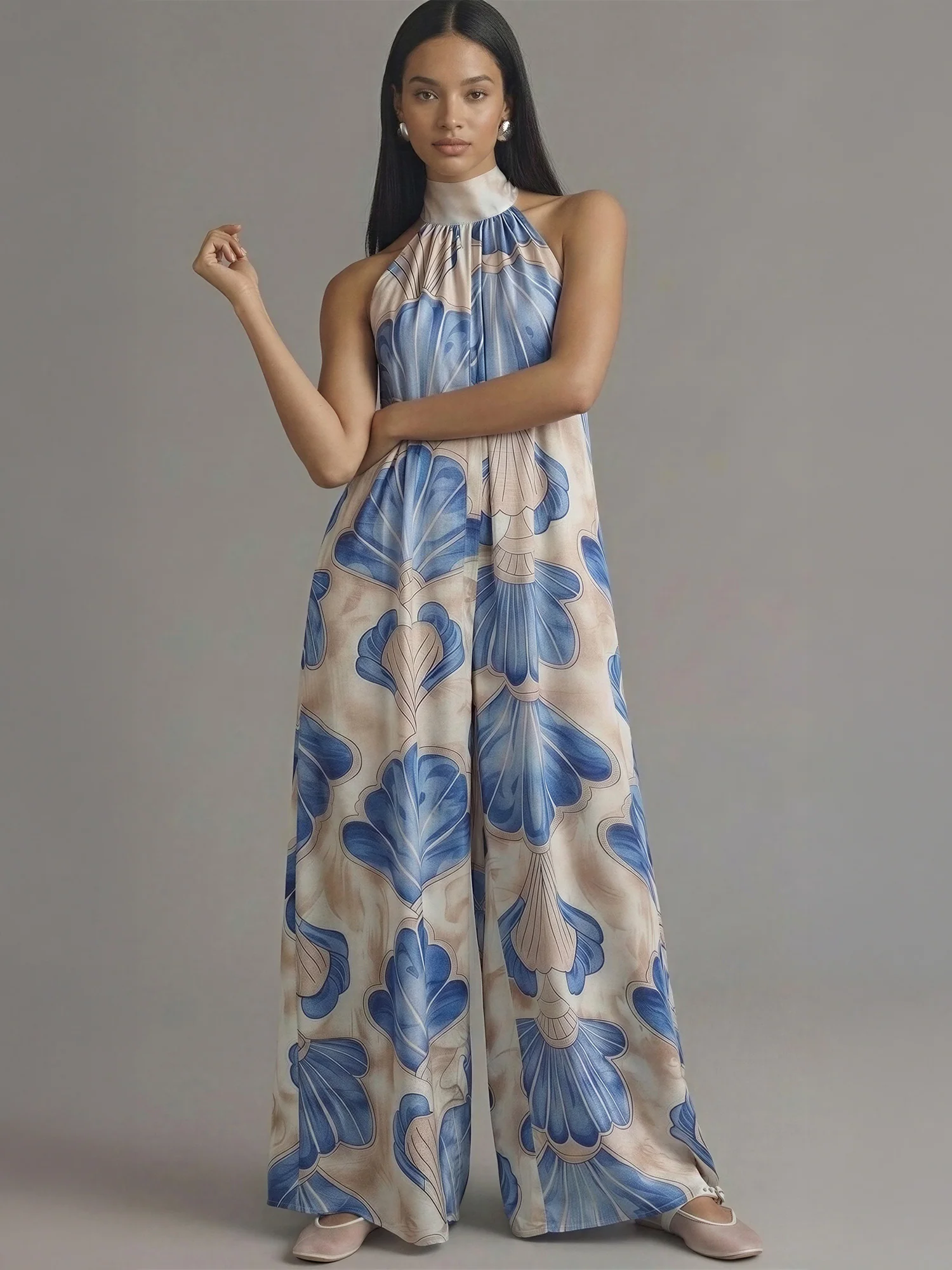 Halter Printed Loose Fit Jumpsuit
