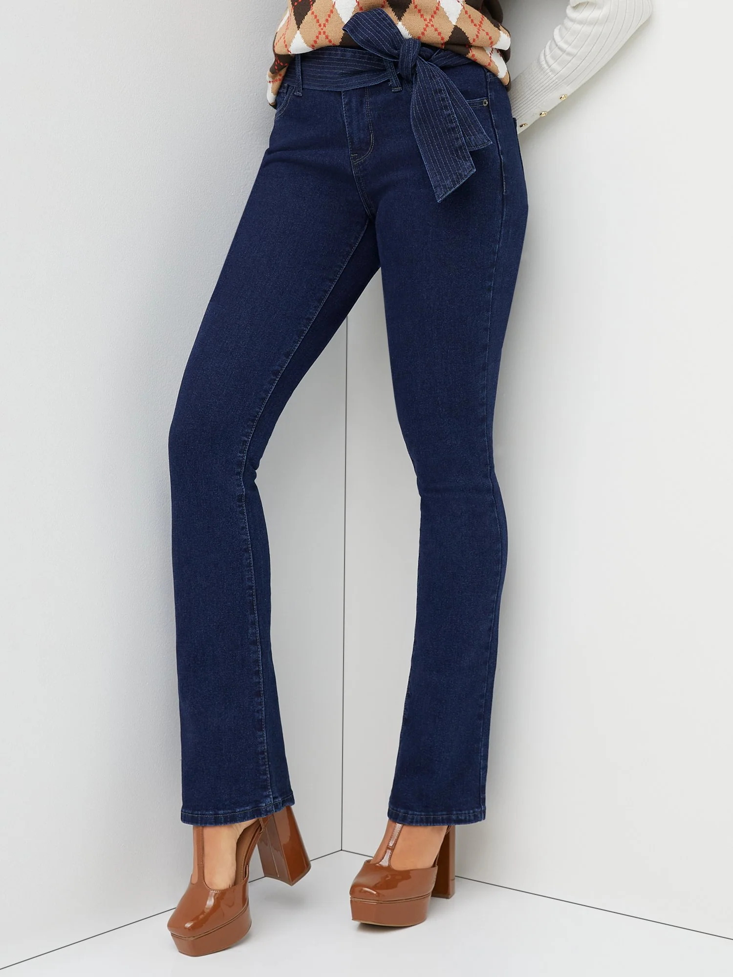 High-Waisted Bow-Waist Bootcut Jeans - Dark Wash - Image 2