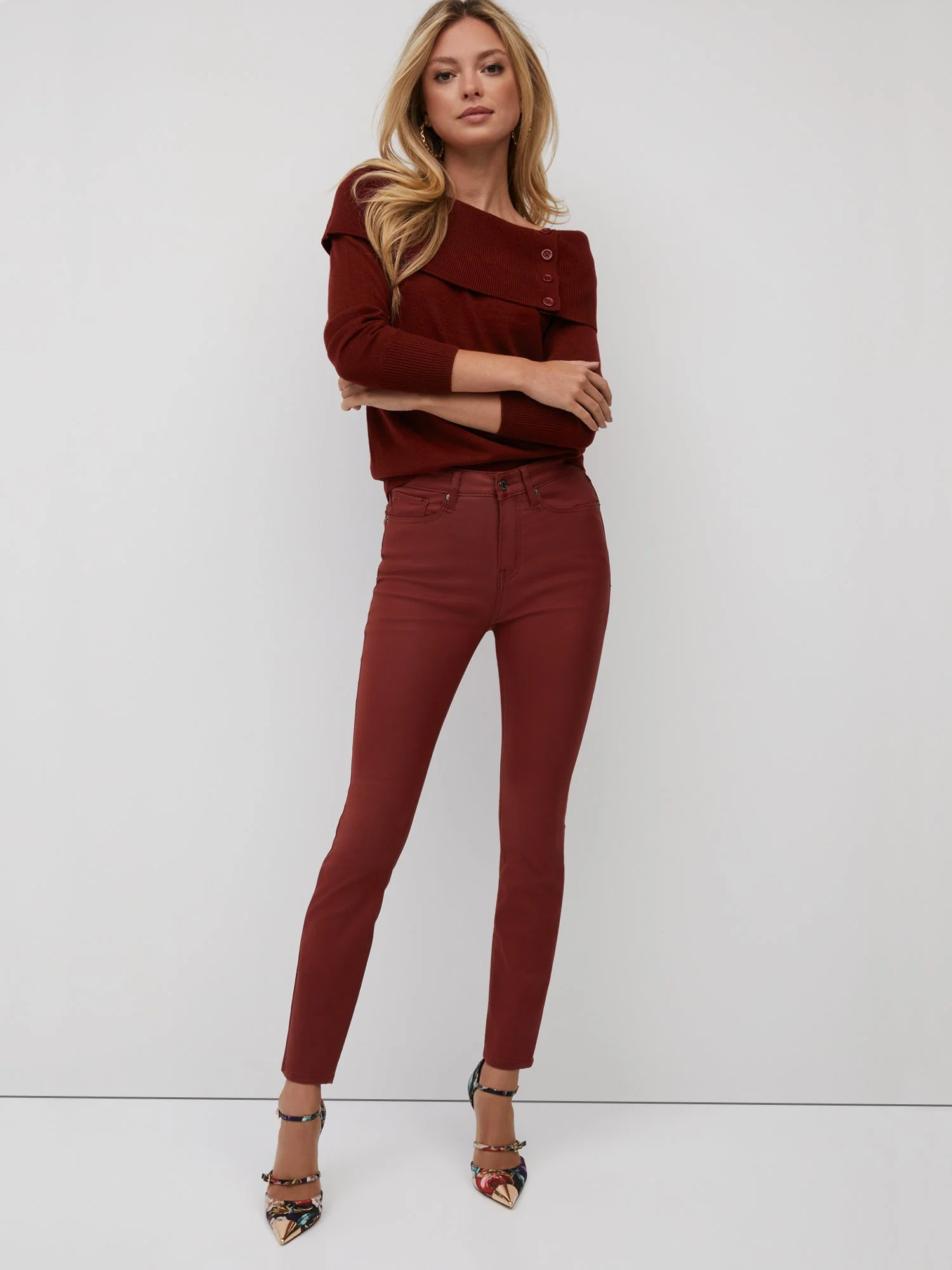 High-Waisted Coated Super-Skinny Jeans - Red - Image 2