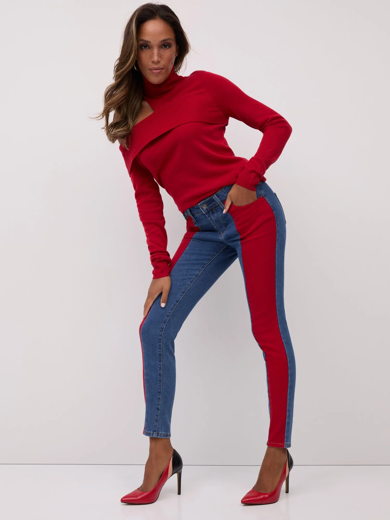 High-Waisted Colorblock Super-Skinny Jeans - Red