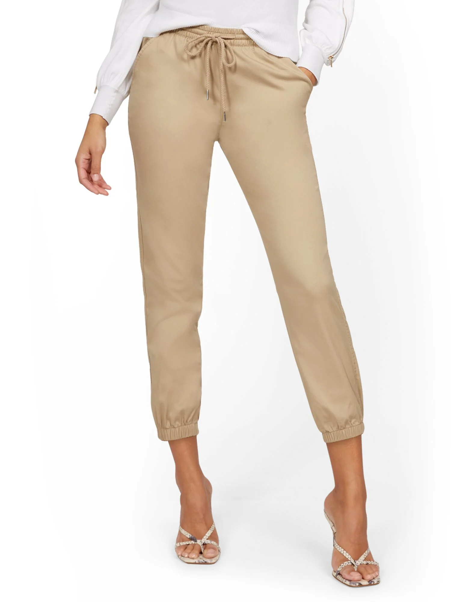 High-Waisted Denim Drawstring Jogger Pant - Khaki - Image 2