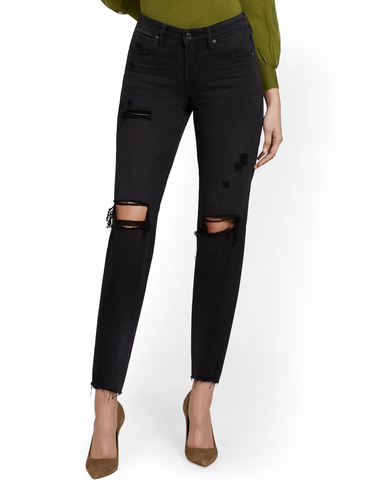 High-Waisted Distressed Dream Boyfriend Ankle Jeans - Black
