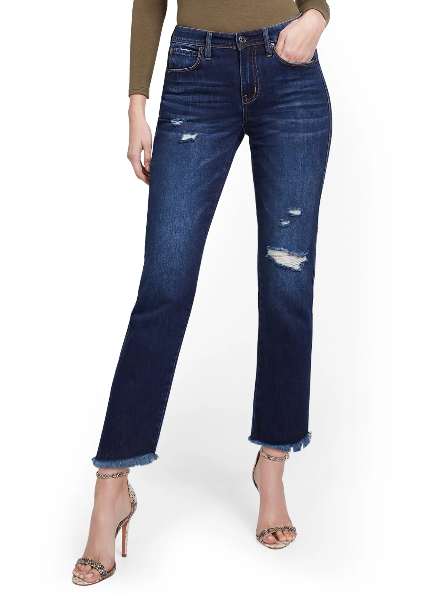 High-Waisted Distressed Dream Boyfriend Ankle Jeans - Dark Blue Wash