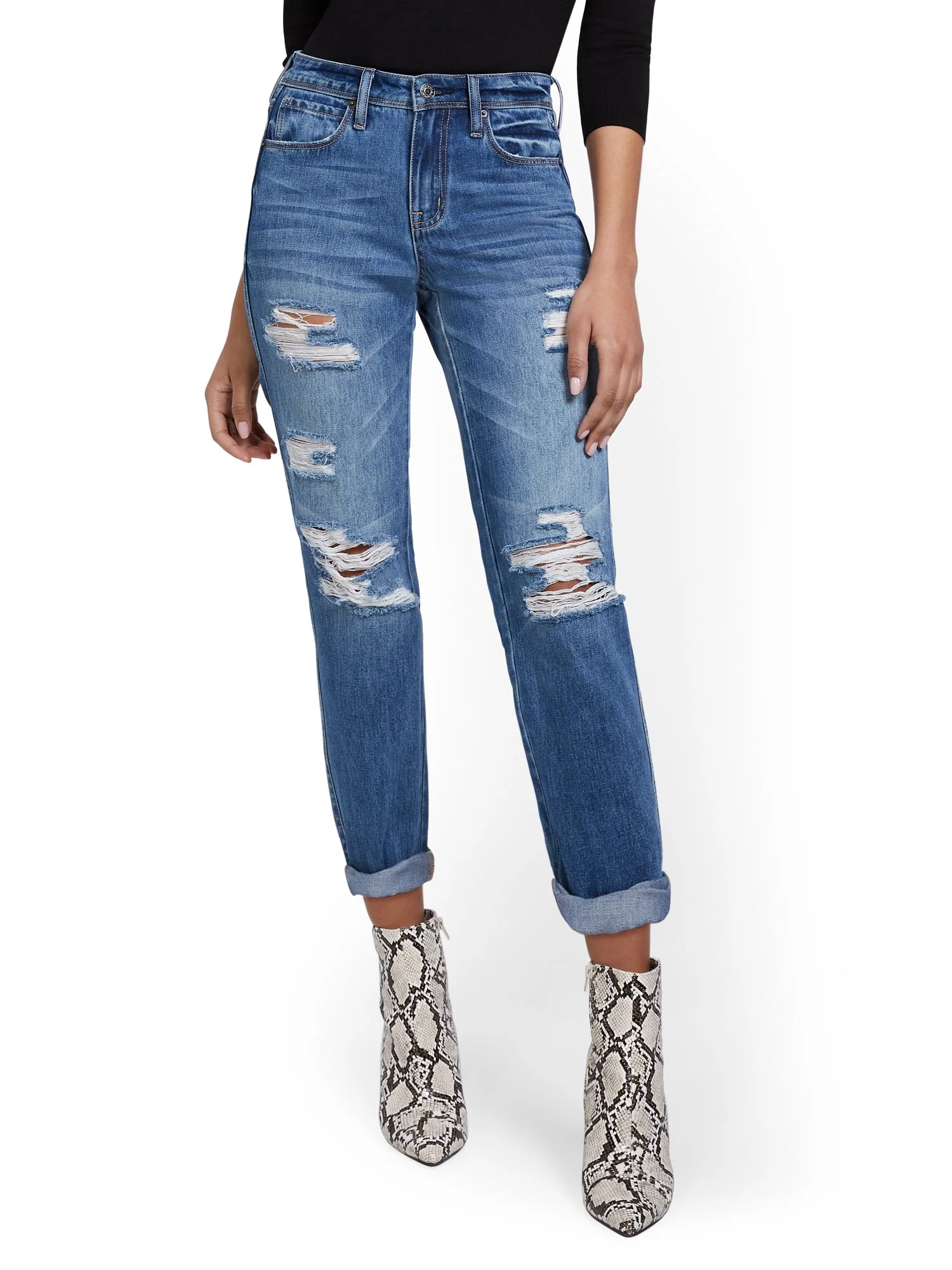 High-Waisted Distressed Dream Boyfriend Ankle Jeans - Medium Blue Wash - Image 2