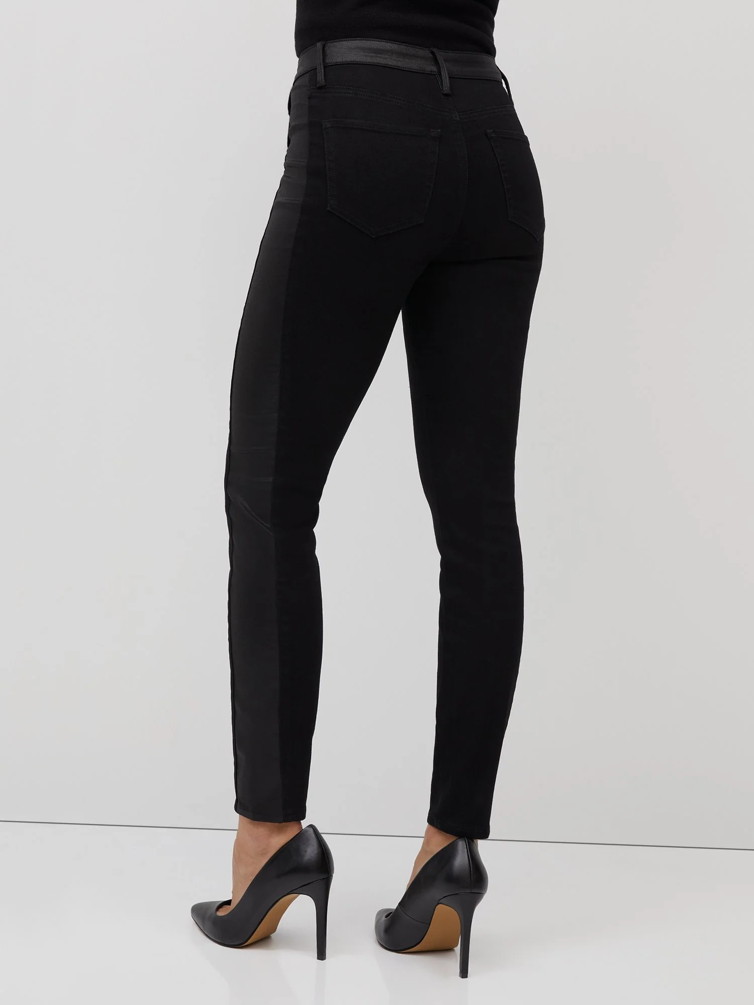High-Waisted Faux-Leather Side-Stripe Super-Skinny Jeans - Black - Image 3