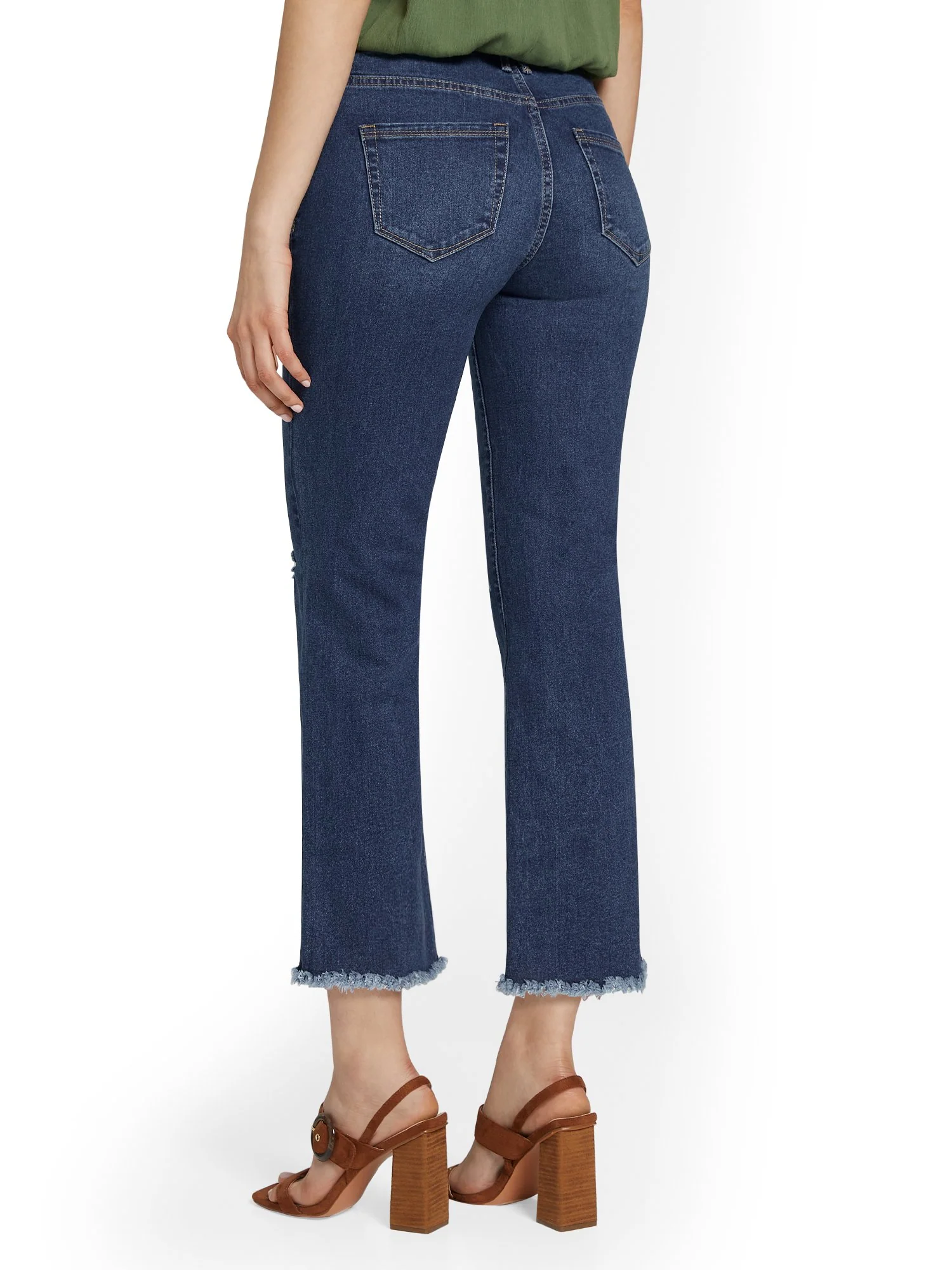 High-Waisted Flare Capri Jeans - Dark Blue Wash - Image 3