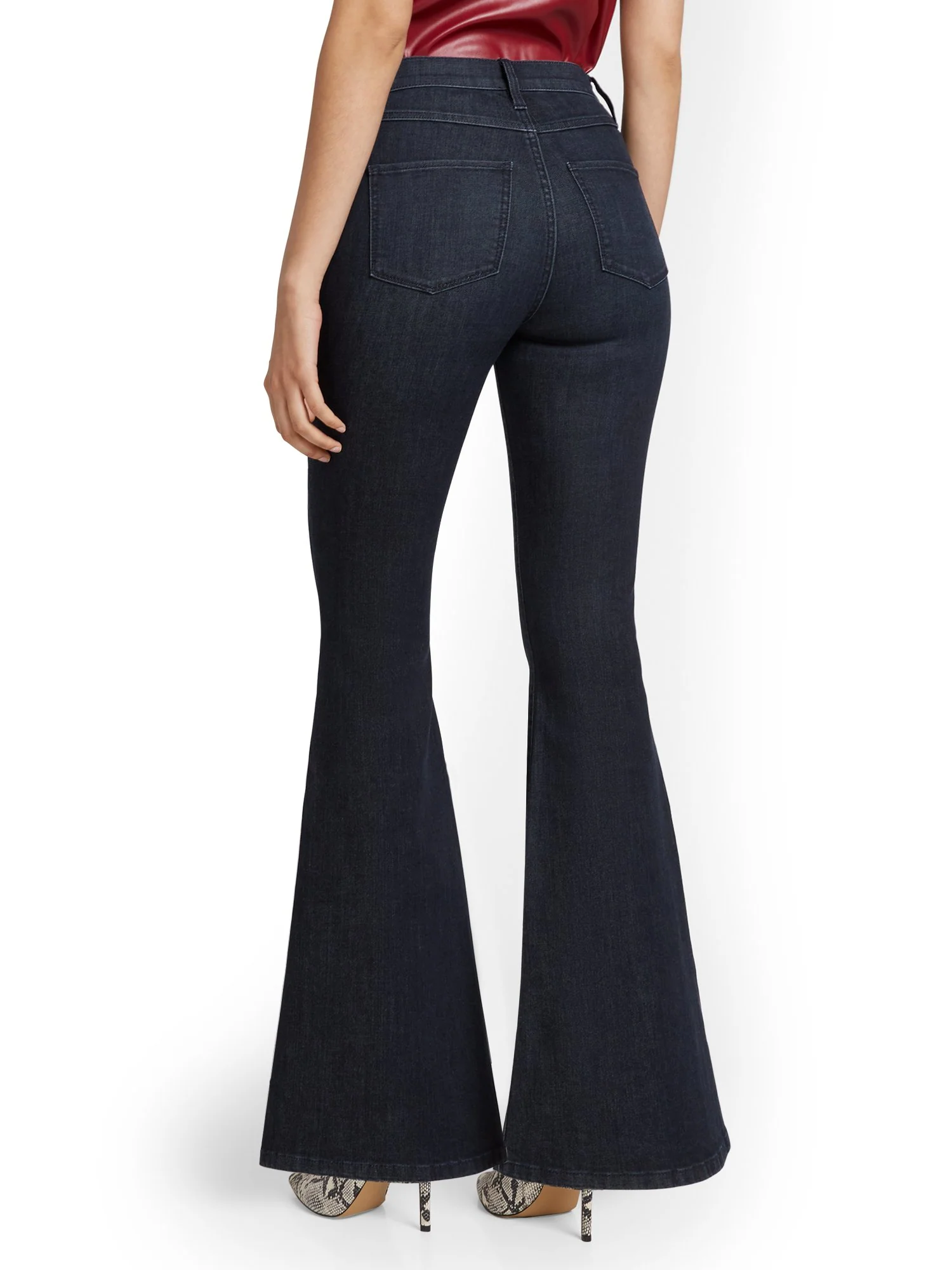 High-Waisted Flare Jeans - Dark Blue Wash - Image 3