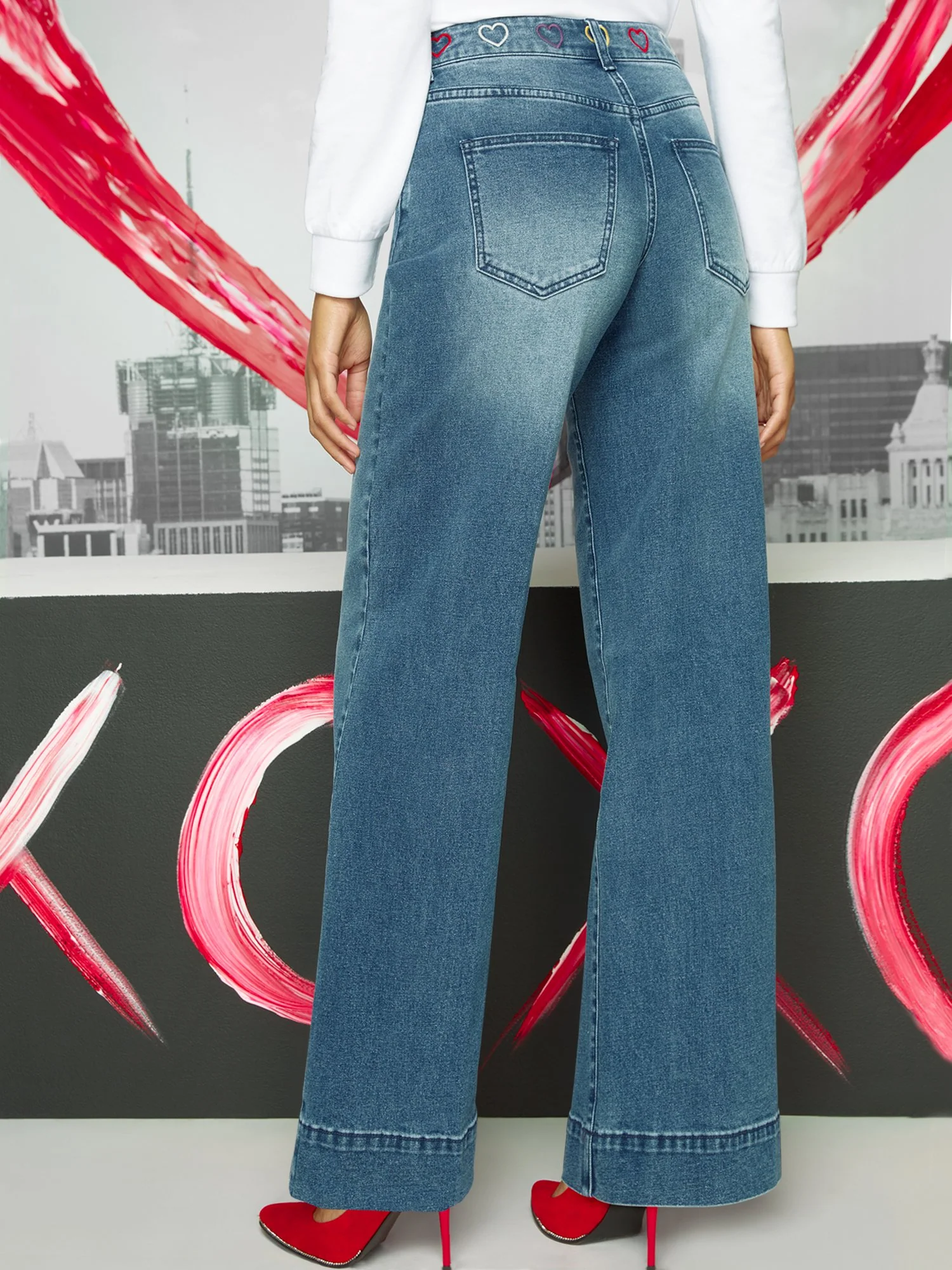 High-Waisted Heart-Embroidered Wide-Leg Jeans - Image 3