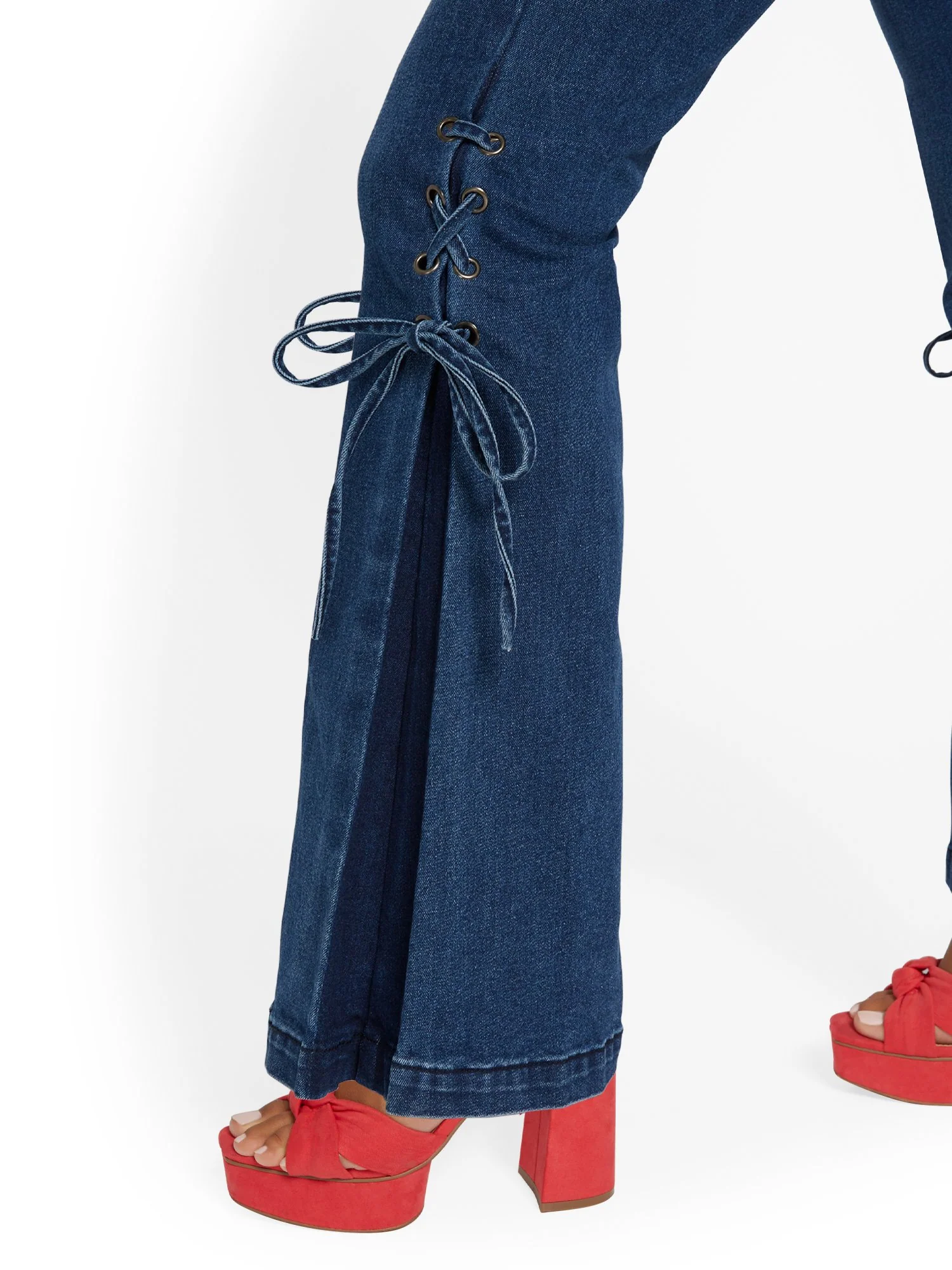 High-Waisted Lace-Up Bootcut Jeans - Dark Wash - Image 4